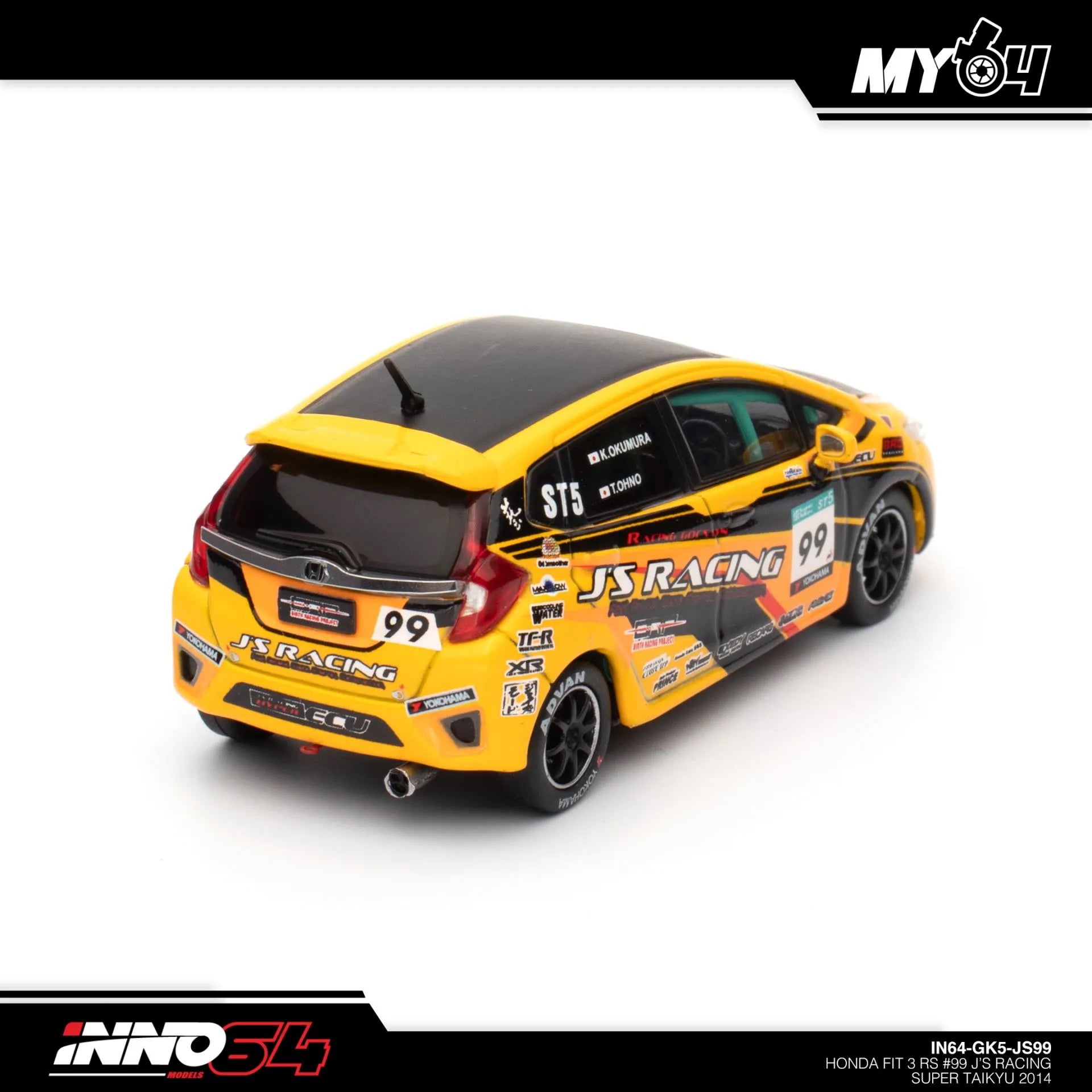 Rear view of INNO64 Honda Fit 3 RS J’S Racing #99 1:64 scale model unboxed