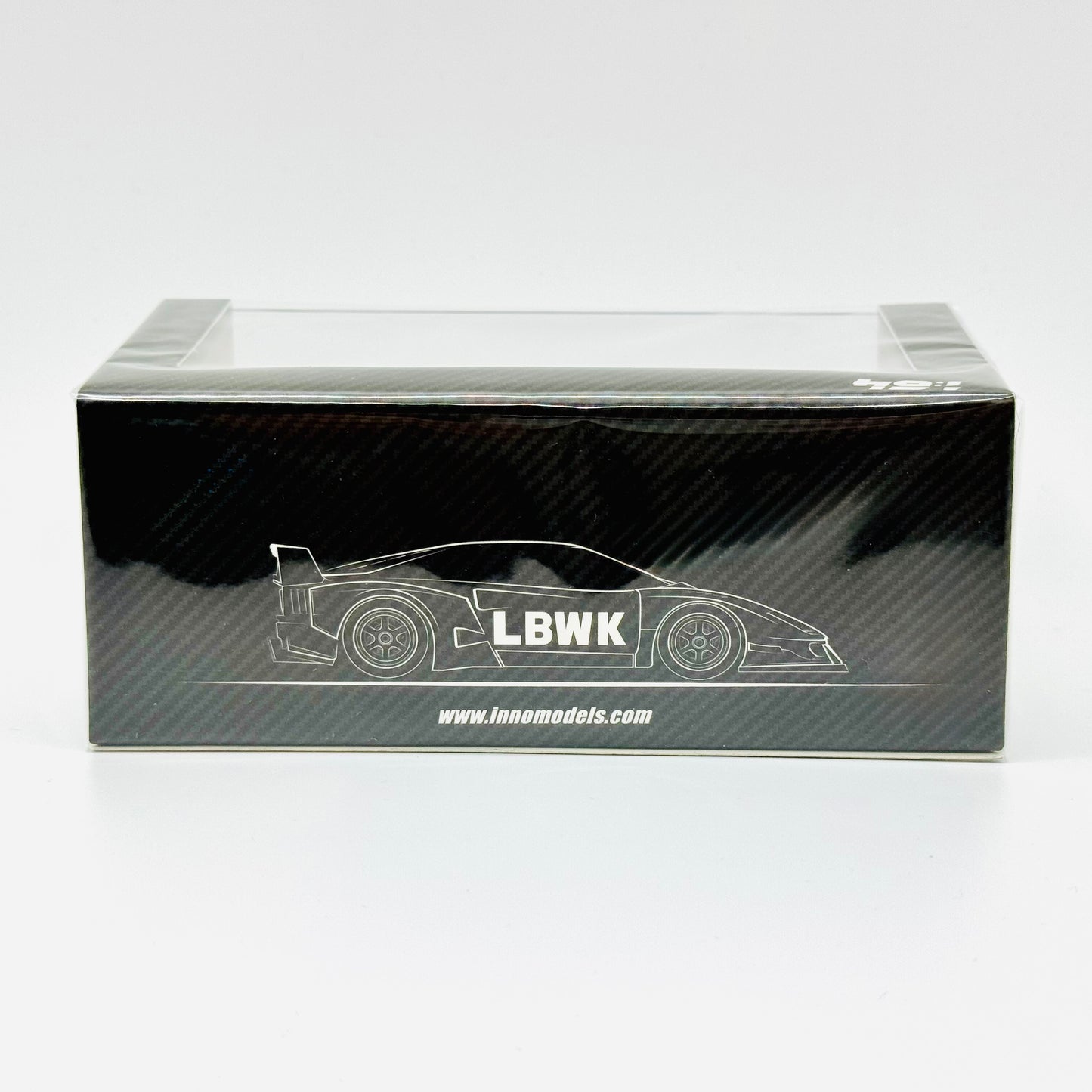 Angled boxed view of Inno64 LBWK Ferrari F40 Full Carbon diecast model