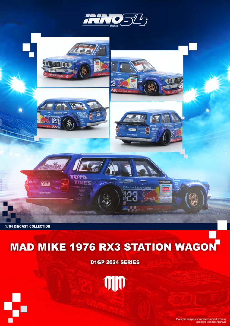 Brochure of INNO64 Mazda RX-3 Wagon Mad Mike D1GP 2024 diecast model