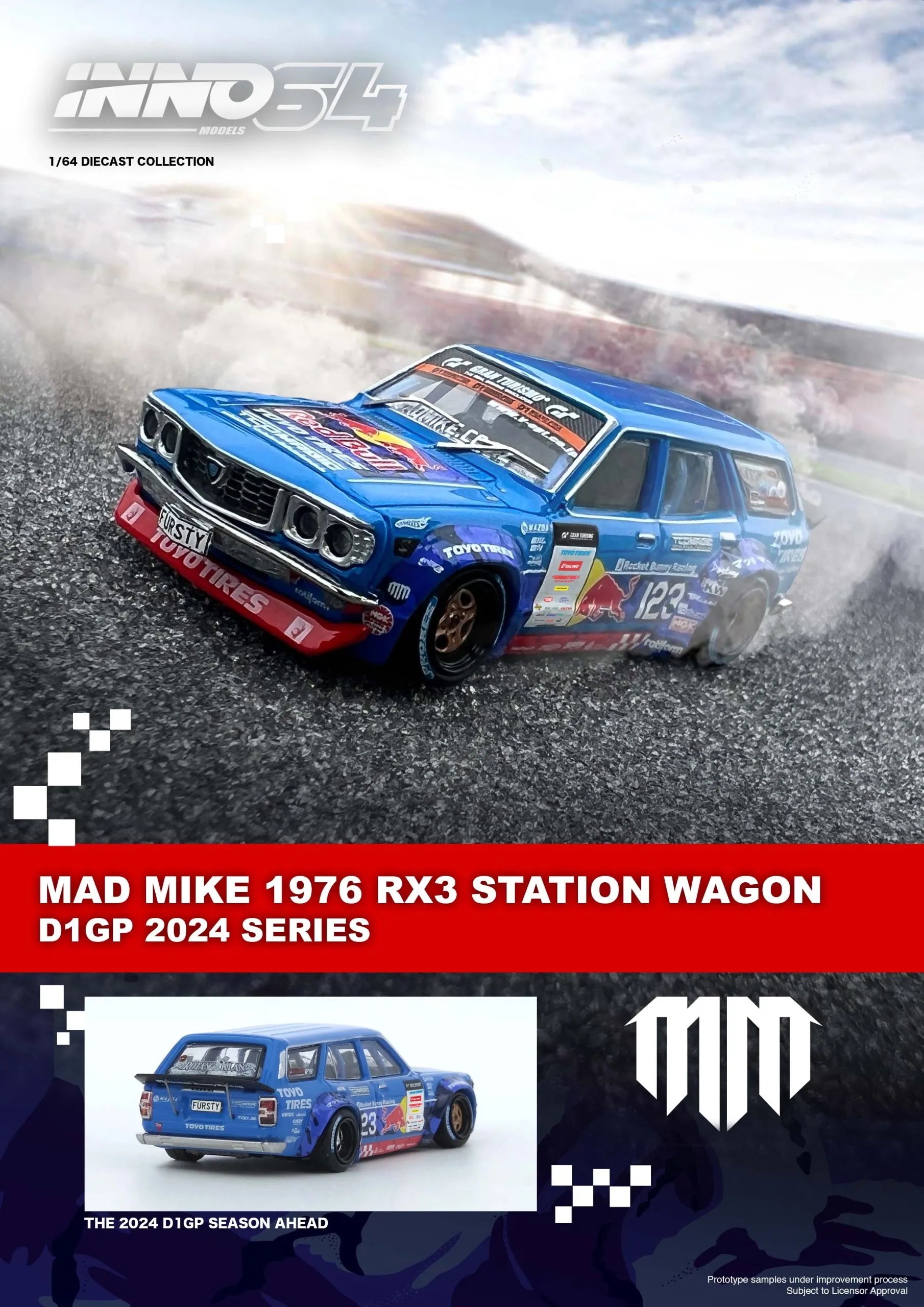 Display view of INNO64 1:64 Mad Mike Mazda RX-3 D1GP 2024 diecast model