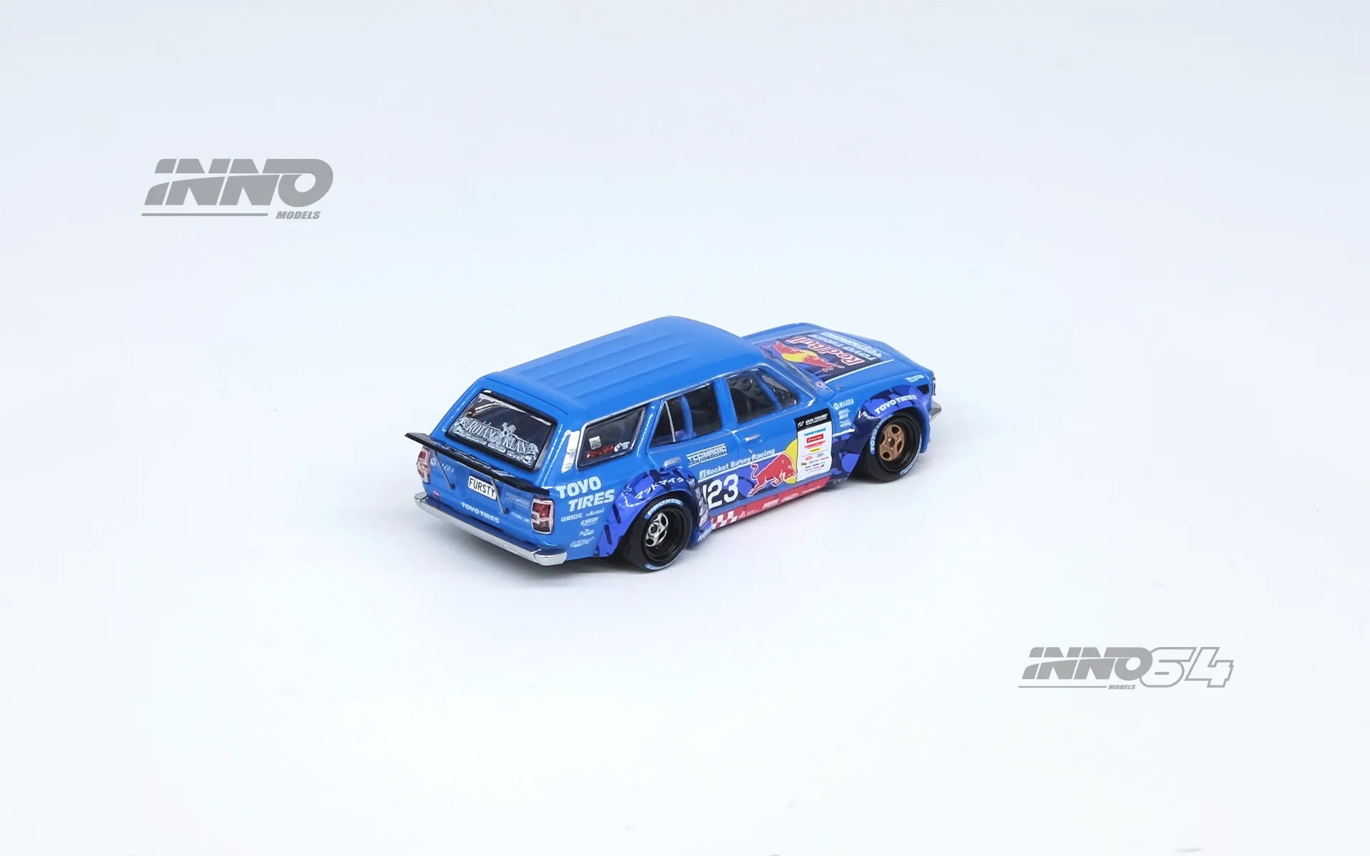 Rear view of INNO64 RX-3 Station Wagon Mad Mike drift car – D1GP 2024 edition unboxed