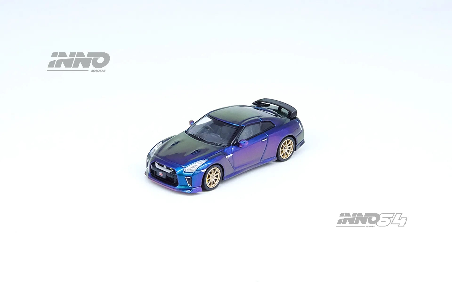 INNO64 GT-R R35 T-Spec Midnight Purple diecast car out of box front angle