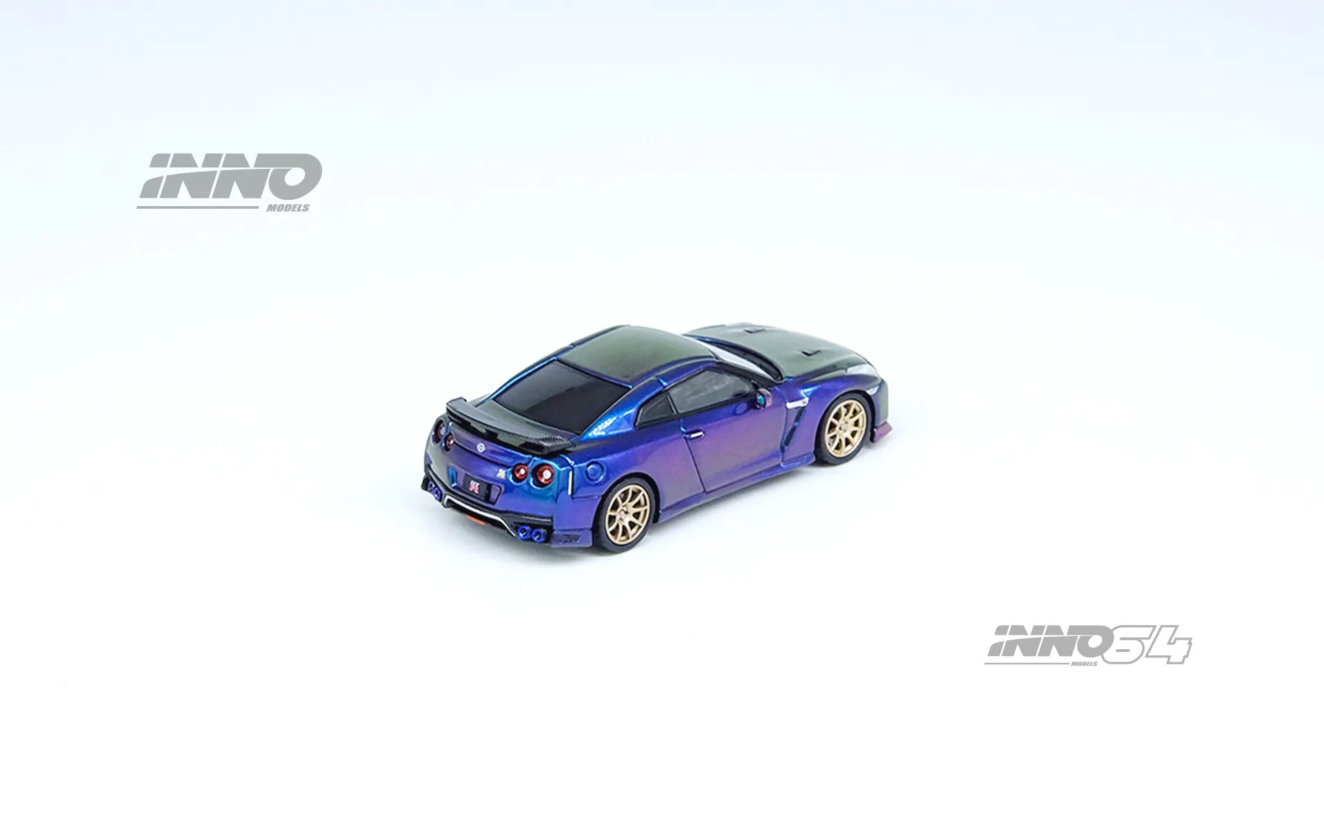 Rear angle of 1:64 scale Nissan GT-R T-Spec Midnight Purple by INNO64