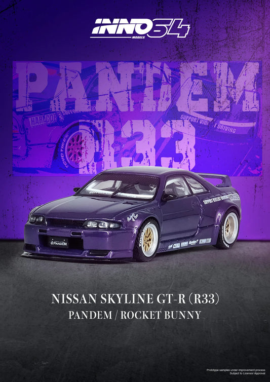 Nissan Skyline GT-R R33 Pandem Rocket Bunny Purple 1:64 front three-quarter view
