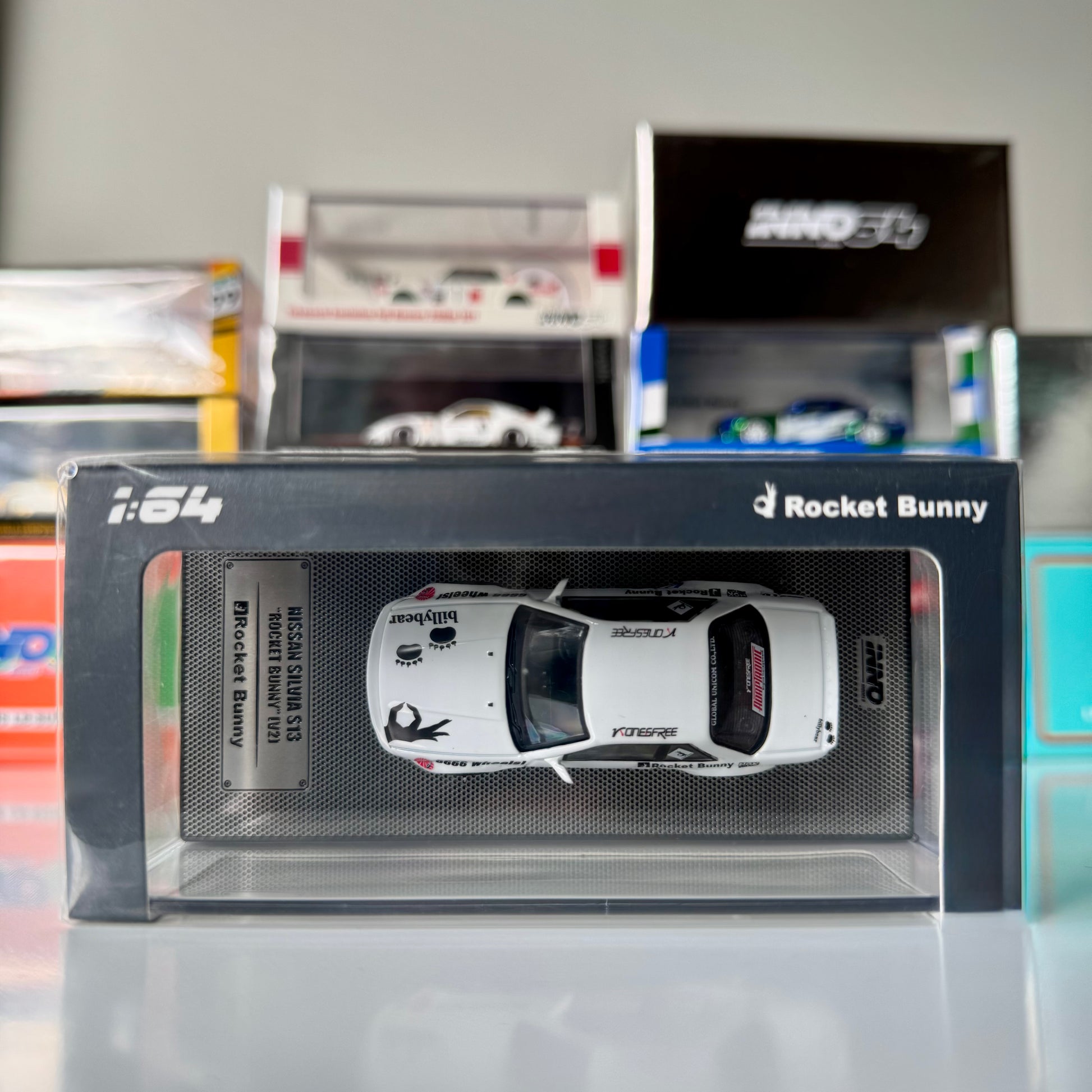 Top-down view of INNO64 Nissan Silvia S13 Rocket Bunny in white