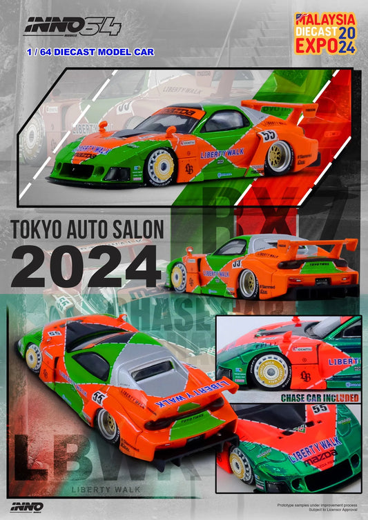 Display view of INNO64 RX-7 LB-Super Silhouette Orange & Green diecast model