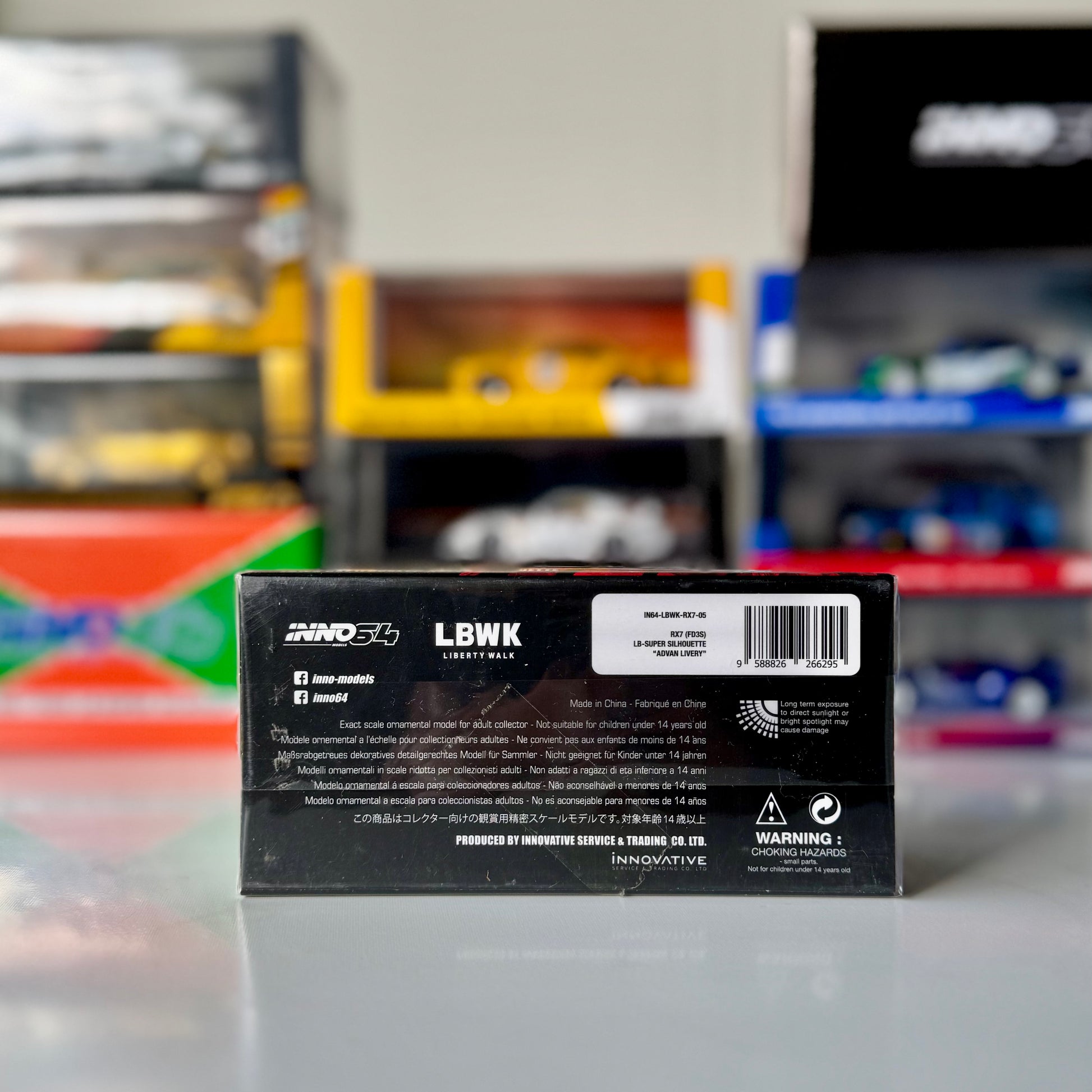 Back view of INNO64 LBWK Mazda RX-7 Super Silhouette – Advan edition diecast