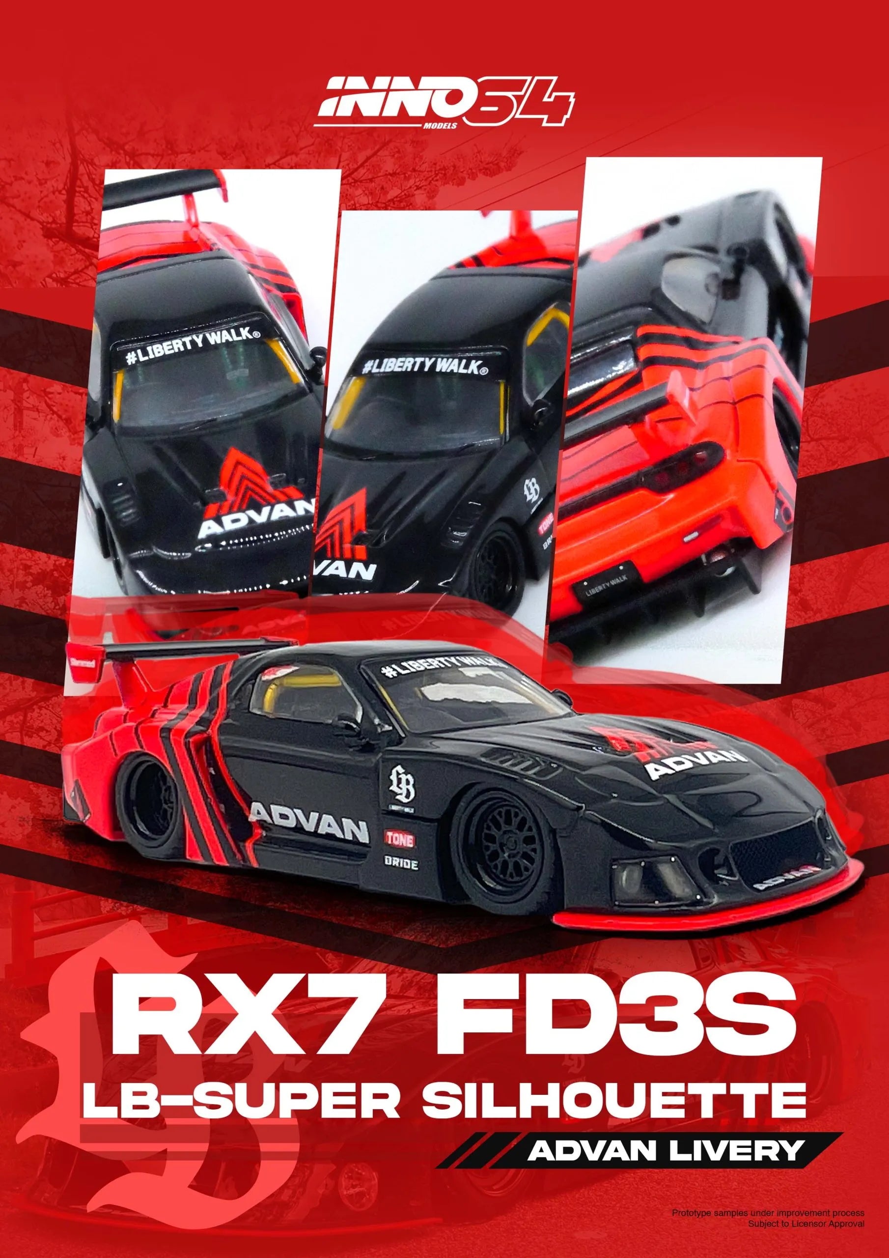 Display view of Mazda RX-7 FD3S LBWK Advan 1:64 diecast model by INNO64