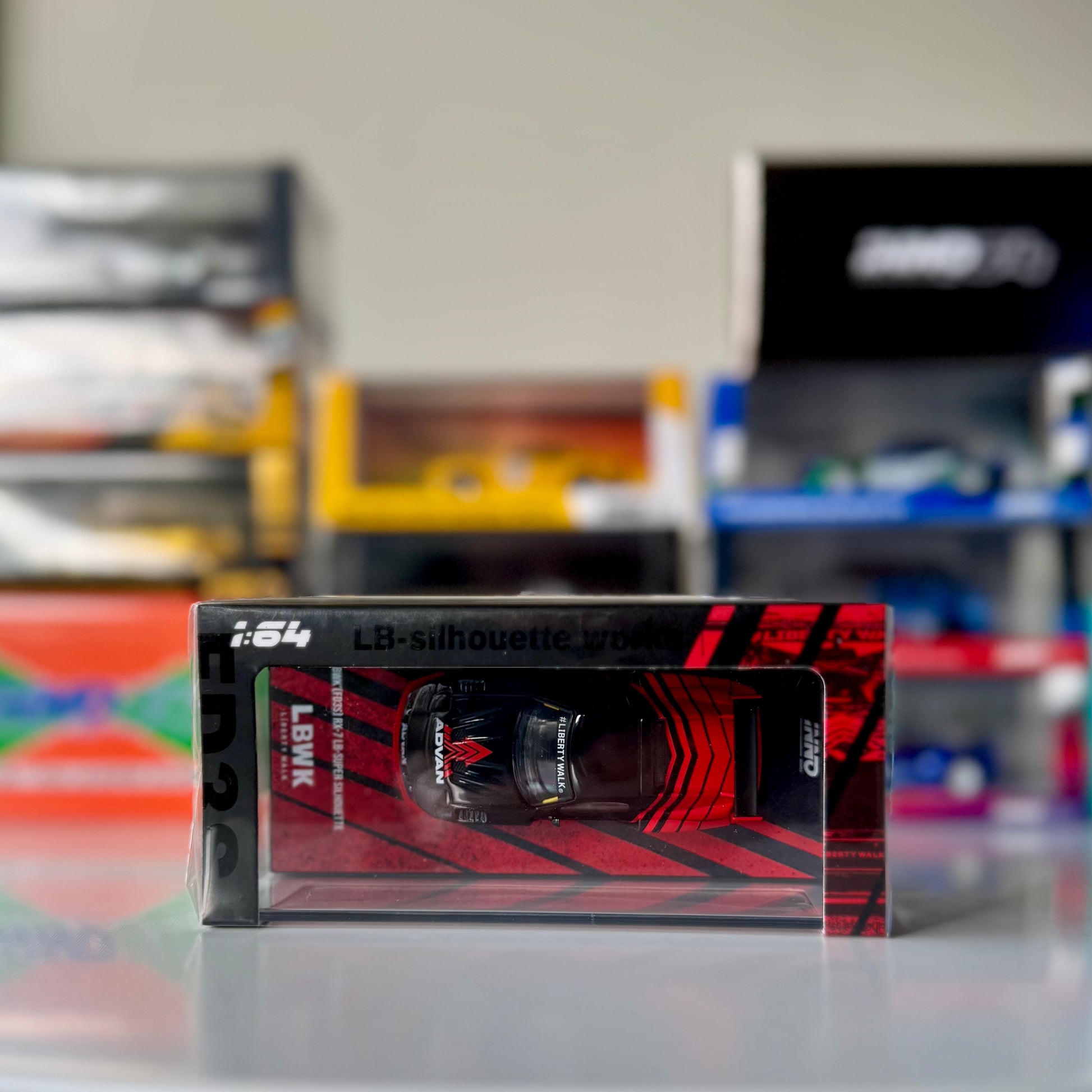 Top-down view of INNO64 RX-7 LBWK Advan livery – widebody 1:64 model car