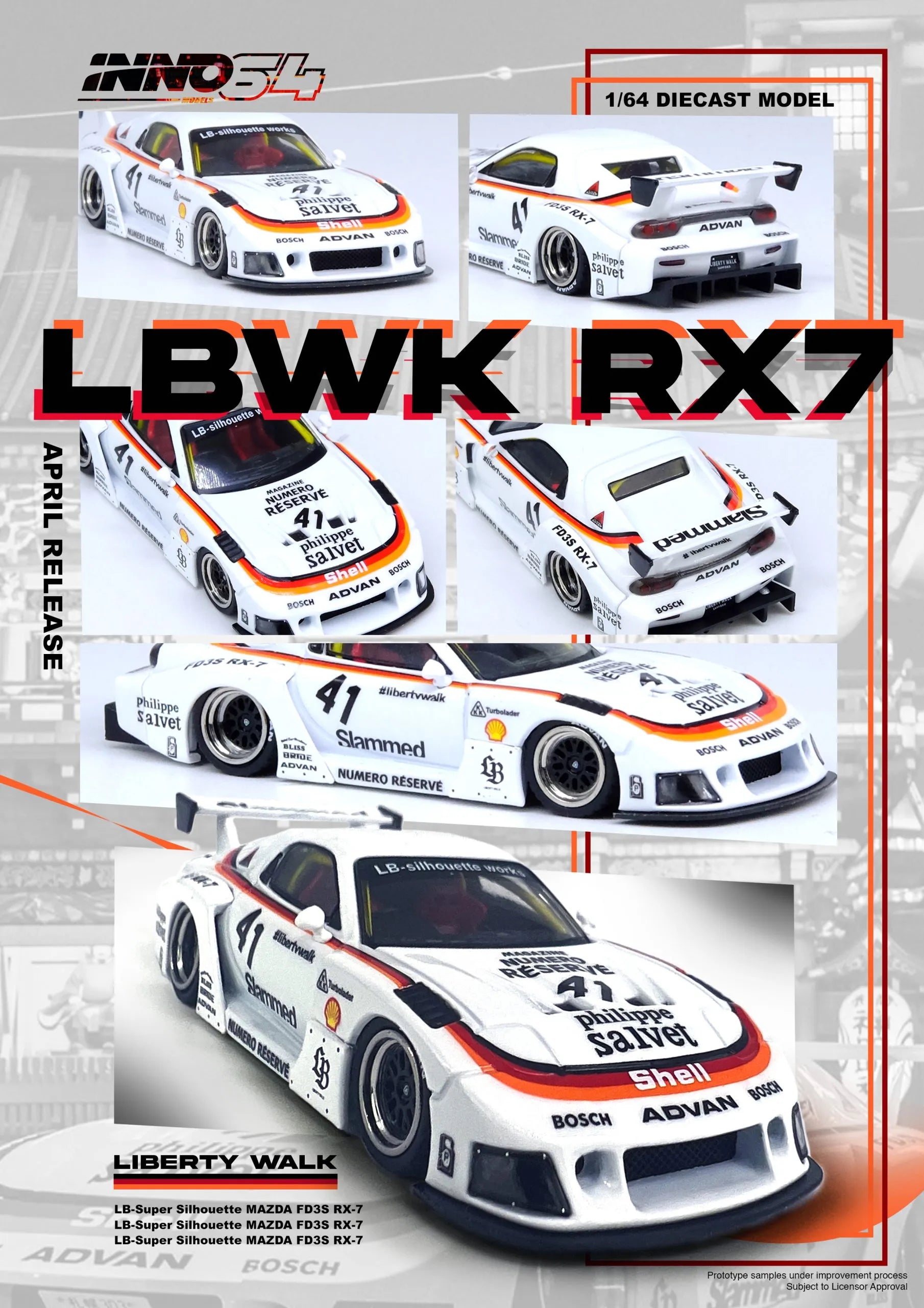 Front view of INNO64 Mazda RX-7 FD3S LBWK Super Silhouette White #41 – 1:64 diecast brochure