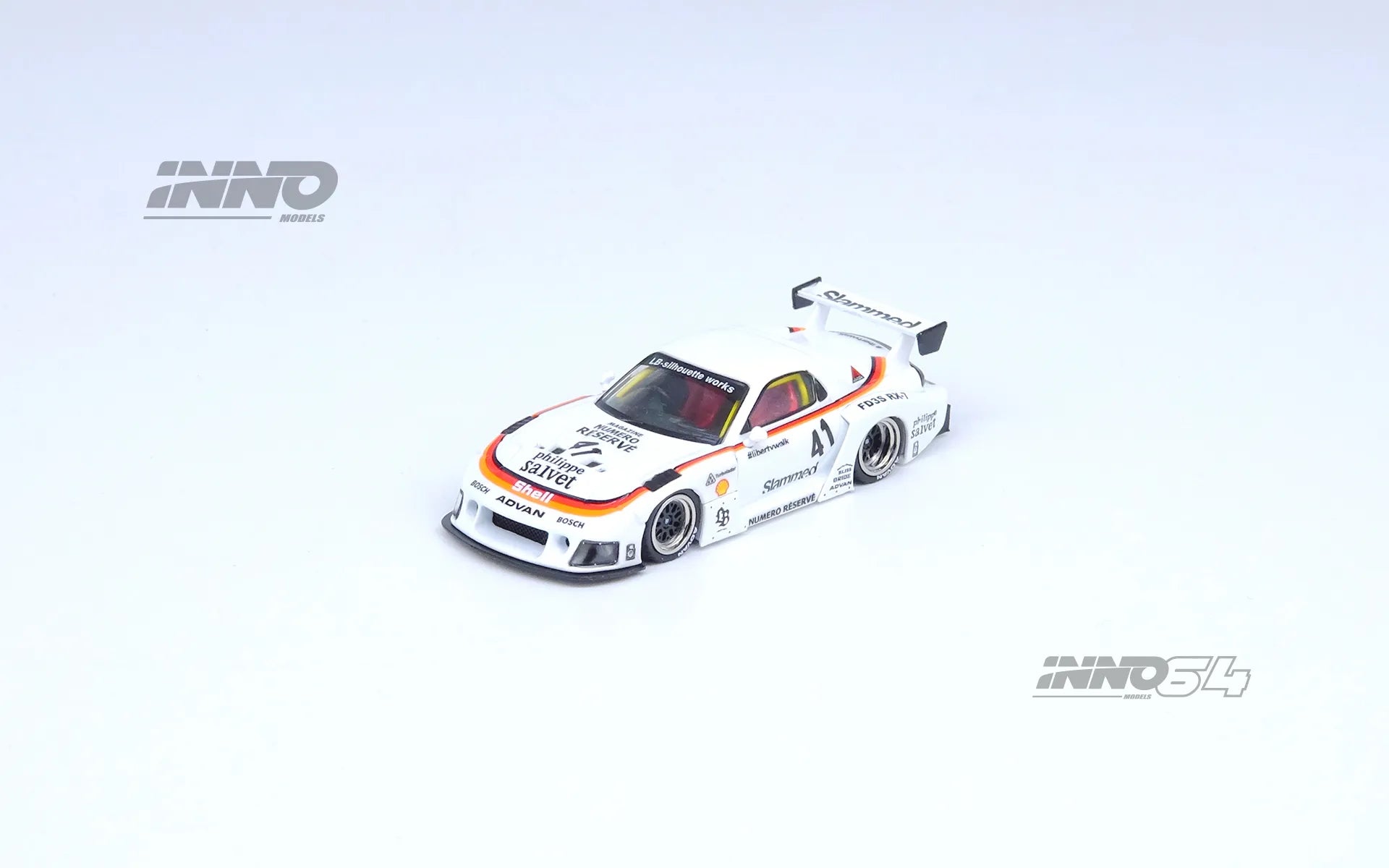 Side profile of INNO64 LB-Super Silhouette Mazda RX-7 in white with #41 livery unboxed