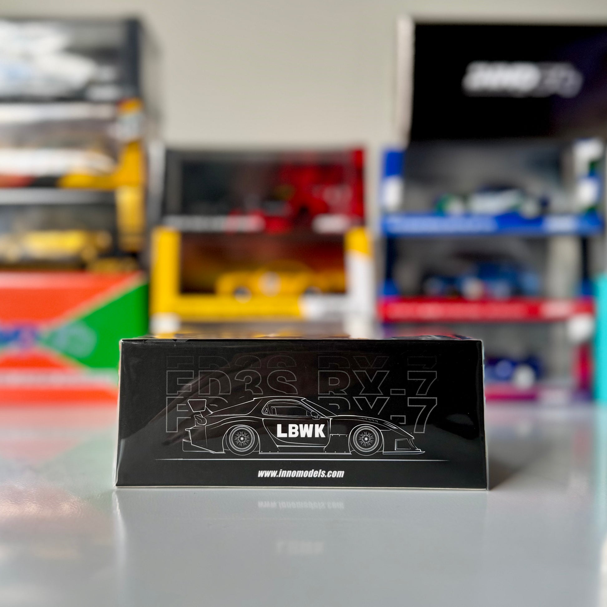 Side profile of INNO64 LB-Super Silhouette Mazda RX-7 in white with #41 livery