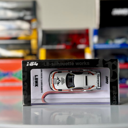 Top-down view of Mazda RX-7 FD3S LBWK #41 in white – INNO64 1:64 model car