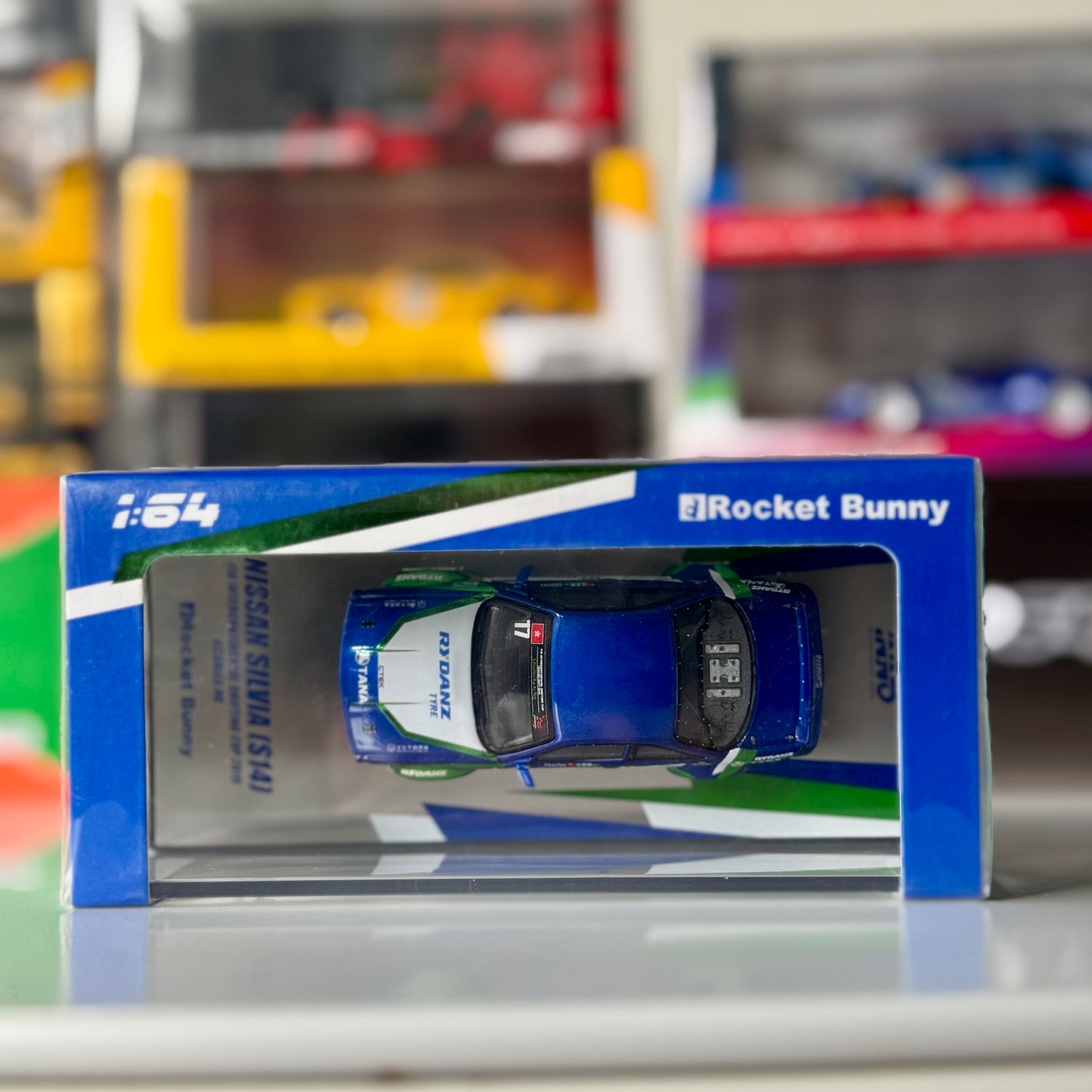 Top-down view of 1:64 Nissan Silvia S14 BOSS Aero FIA Drift model – INNO64