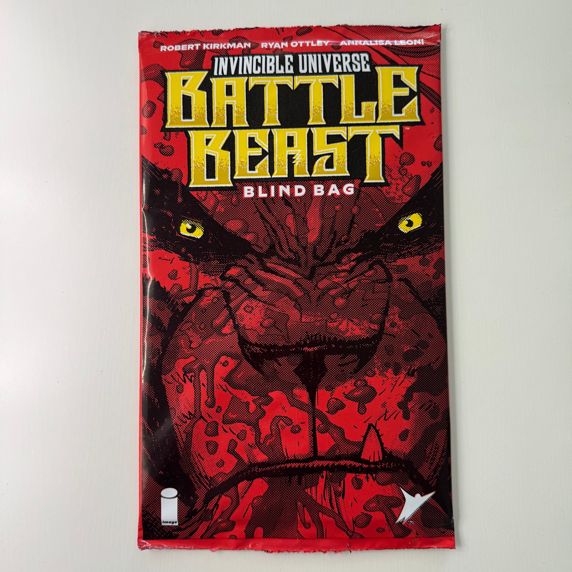 Front view of sealed Invincible Battle Beast Blind Bag comic book close up