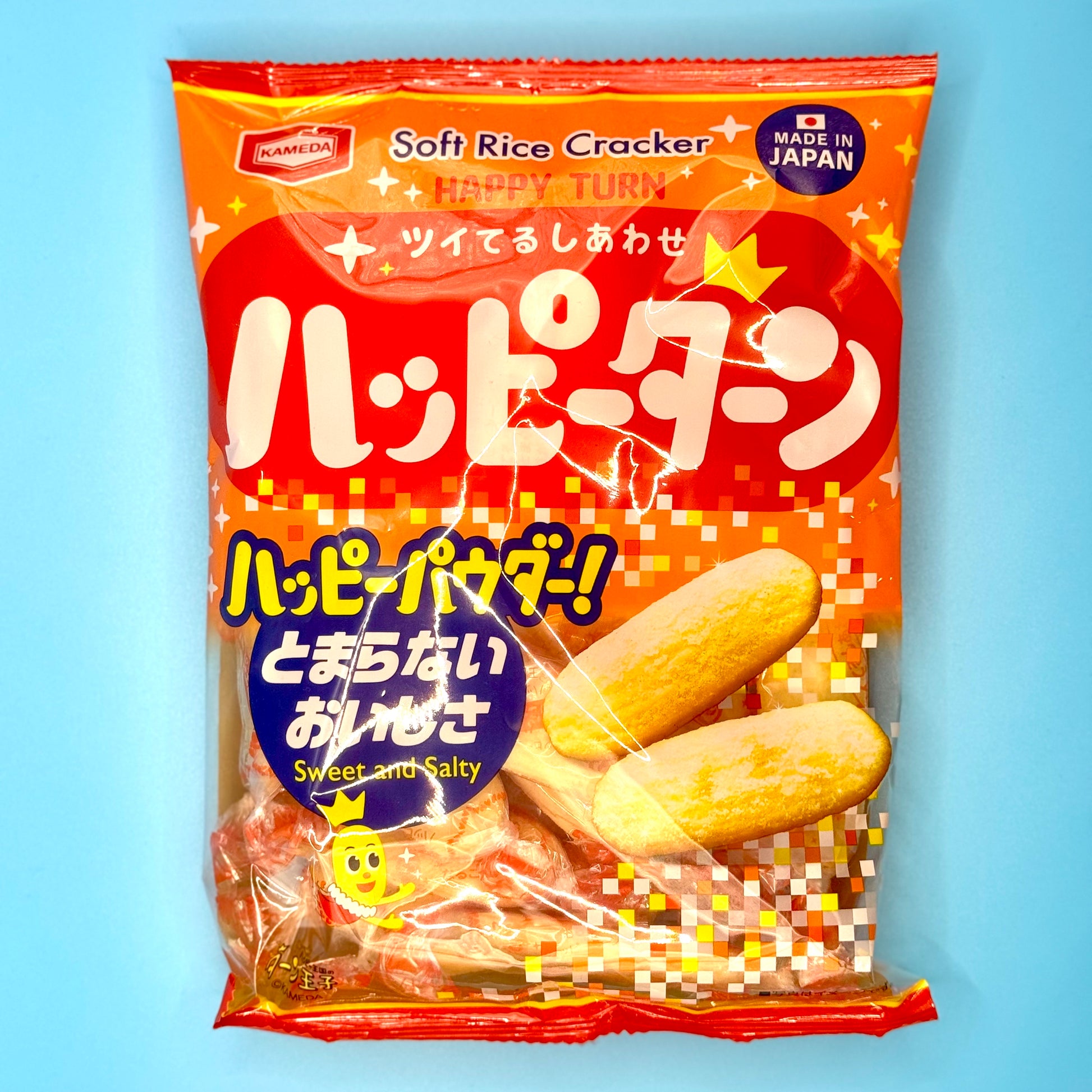 Front packaging of KAMEDA Happy Turn Rice Crackers 108g – Japanese snack