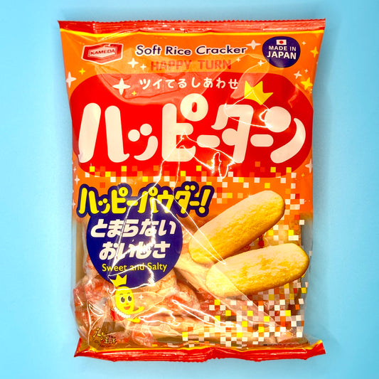 Front packaging of KAMEDA Happy Turn Rice Crackers 108g – Japanese snack