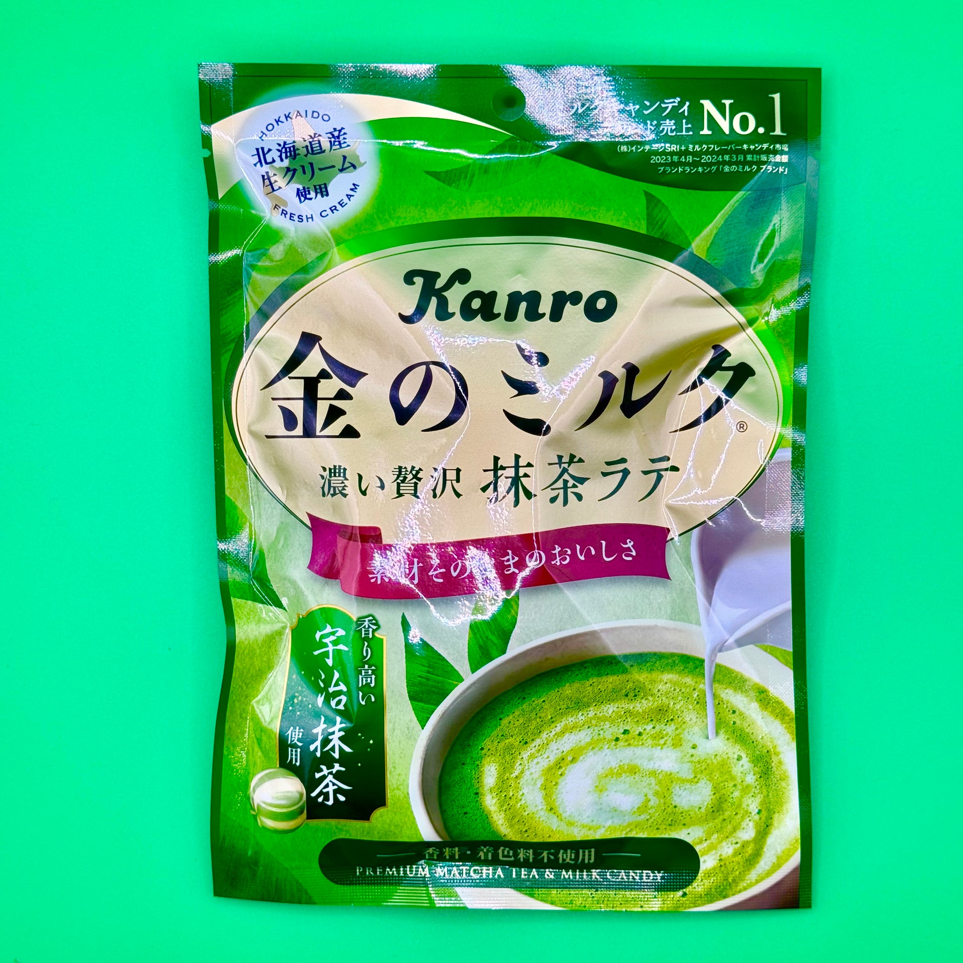 Kanro Kin no Milk Matcha Latte Candy 61g in green and gold packaging featuring Uji matcha and milk