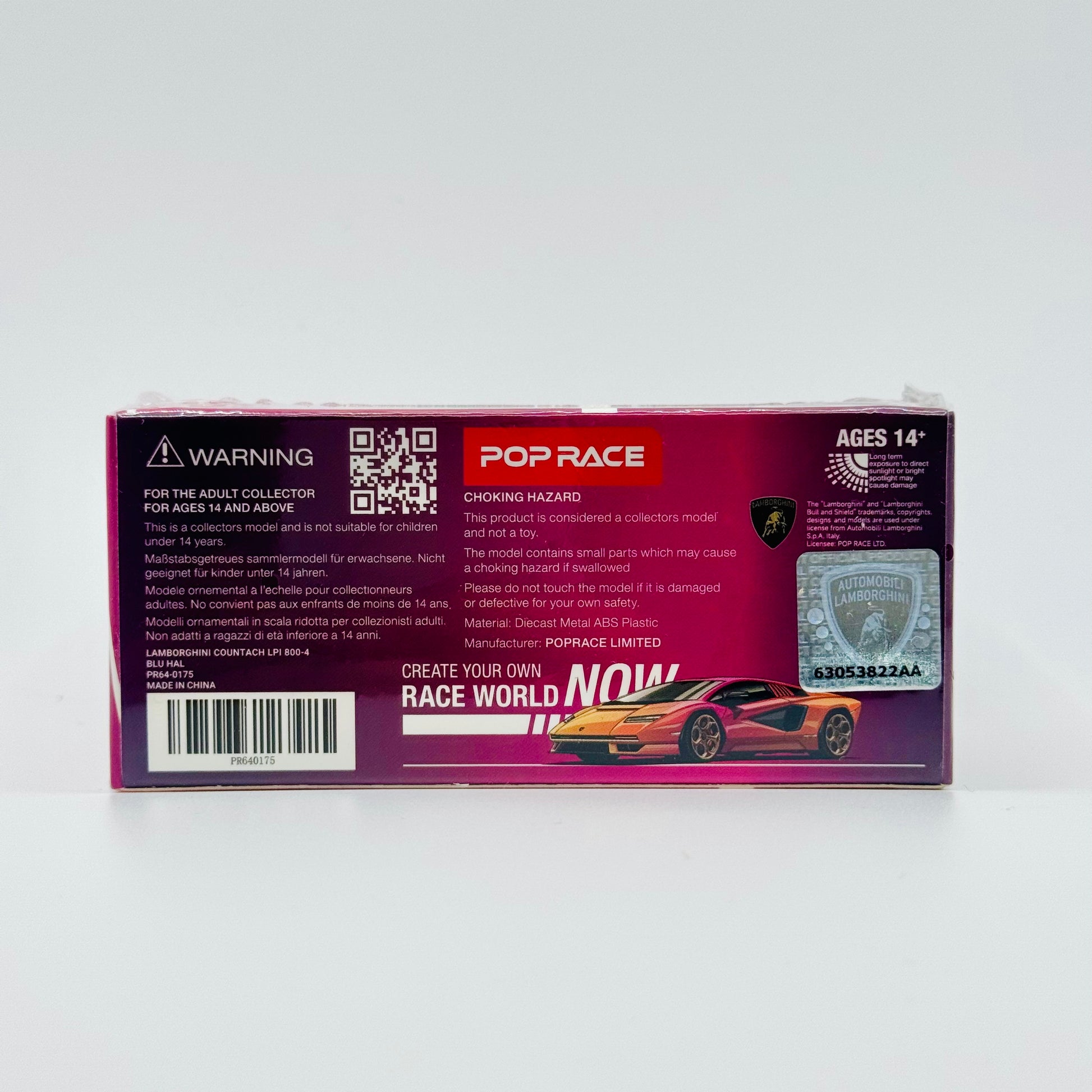 Rear packaging of Pop Race Lamborghini Countach LPI 800-4 Blu Hal 1:64 scale model