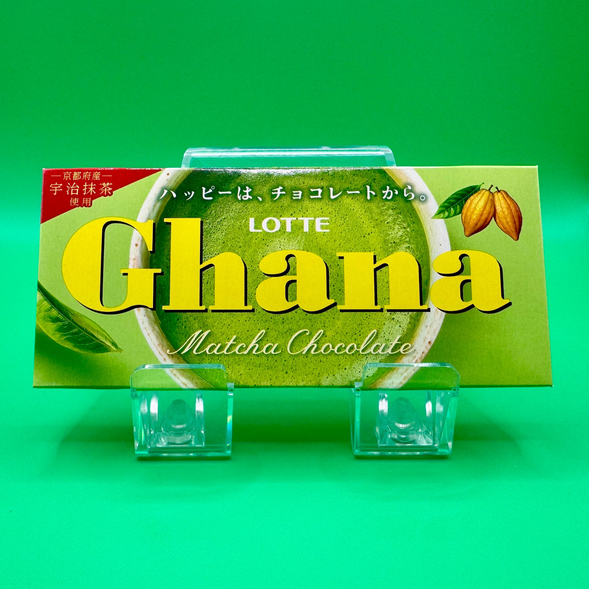 Lotte Ghana Matcha Chocolate Bar 45g featuring Kyoto Uji matcha and milk chocolate in green packaging