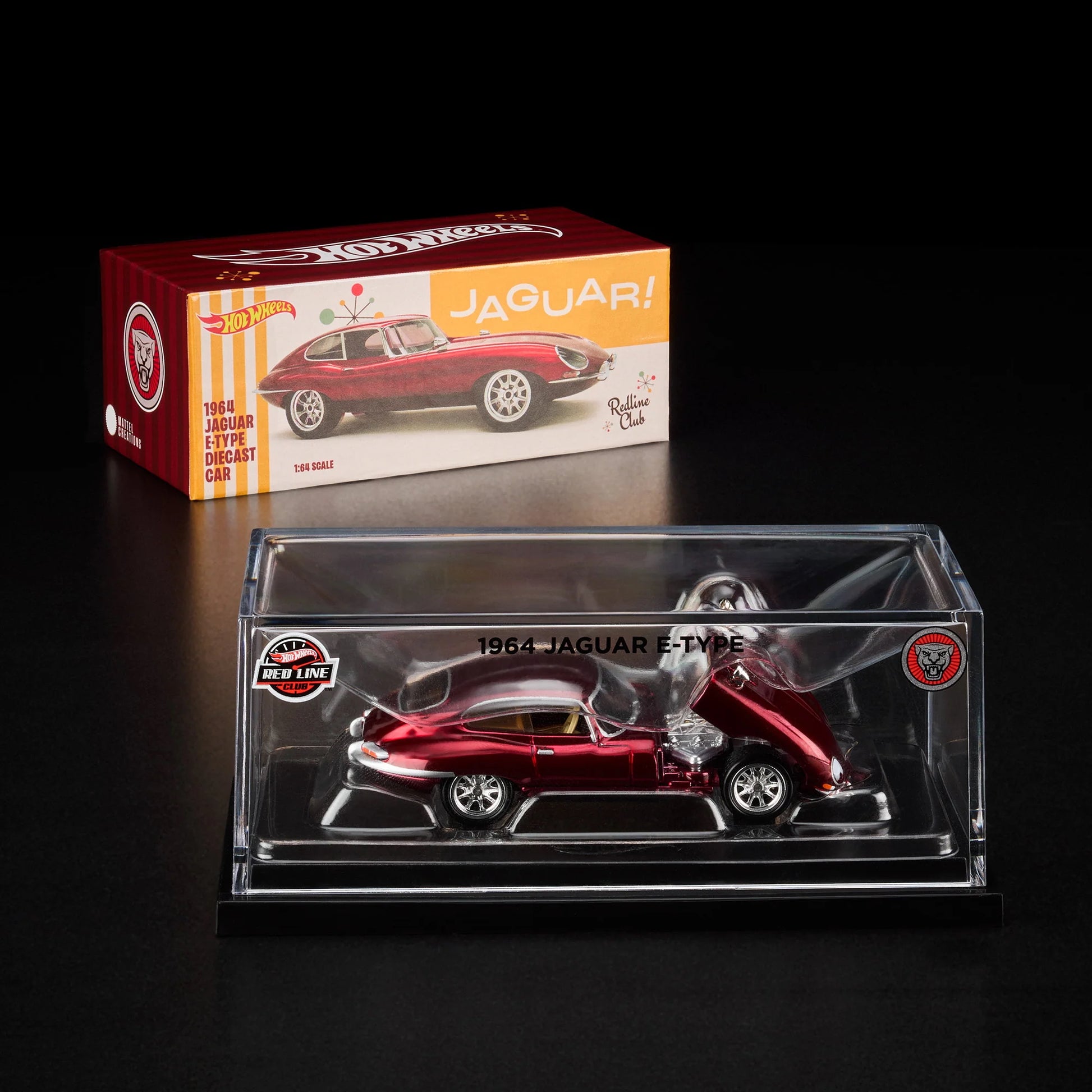 Front view of Hot Wheels RLC 1964 Jaguar E-Type in acrylic case with slipcover