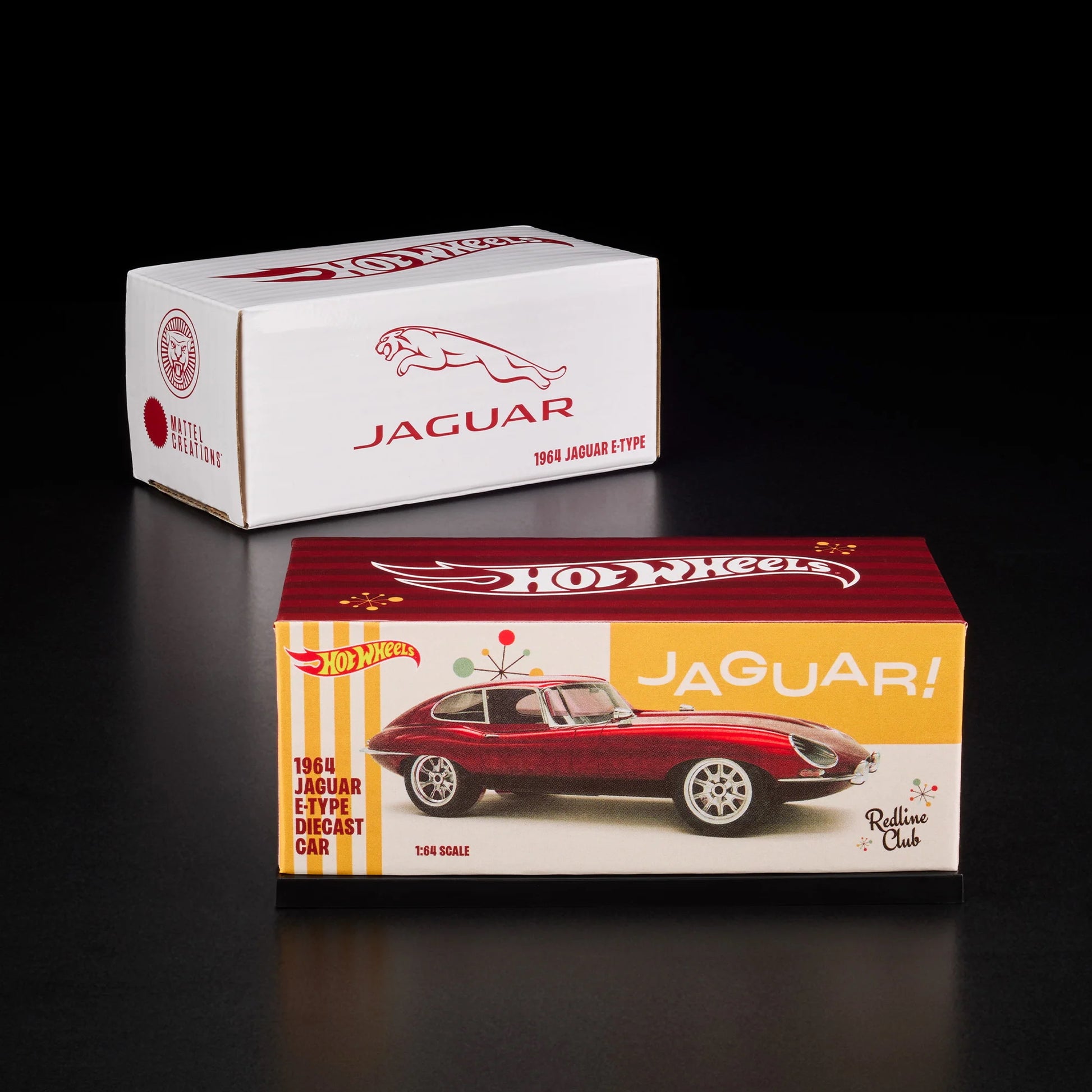 Front view of Hot Wheels RLC 1964 Jaguar E-Type in acrylic case with slipcover