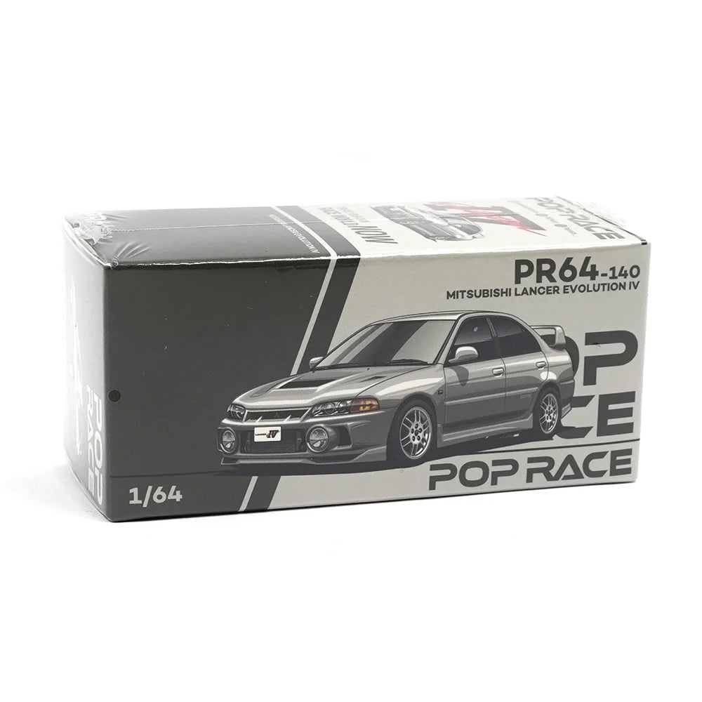 Mitsubishi Lancer Evolution IV 1:64 diecast model by Pop Race, front boxed view