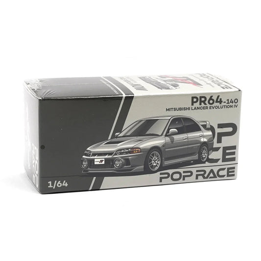 Mitsubishi Lancer Evolution IV 1:64 diecast model by Pop Race, front boxed view