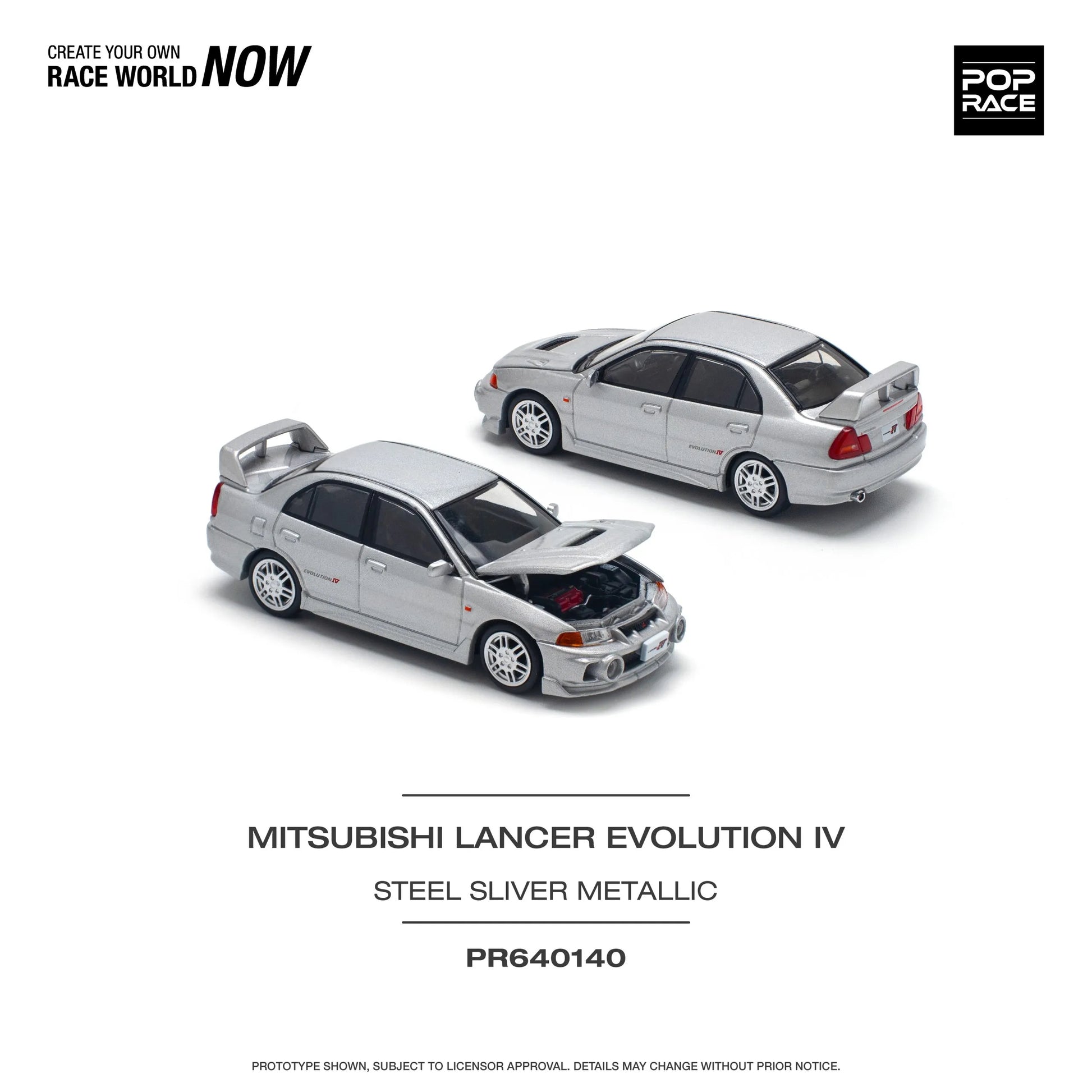 Front and rear view of Mitsubishi Lancer Evolution IV 1:64 diecast model out of box