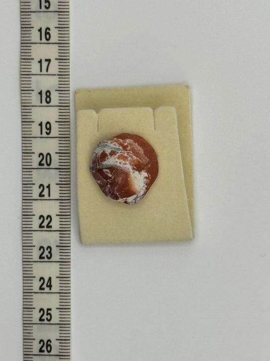Natural Australian opal embedded in host rock, small specimen displayed next to ruler for size reference.