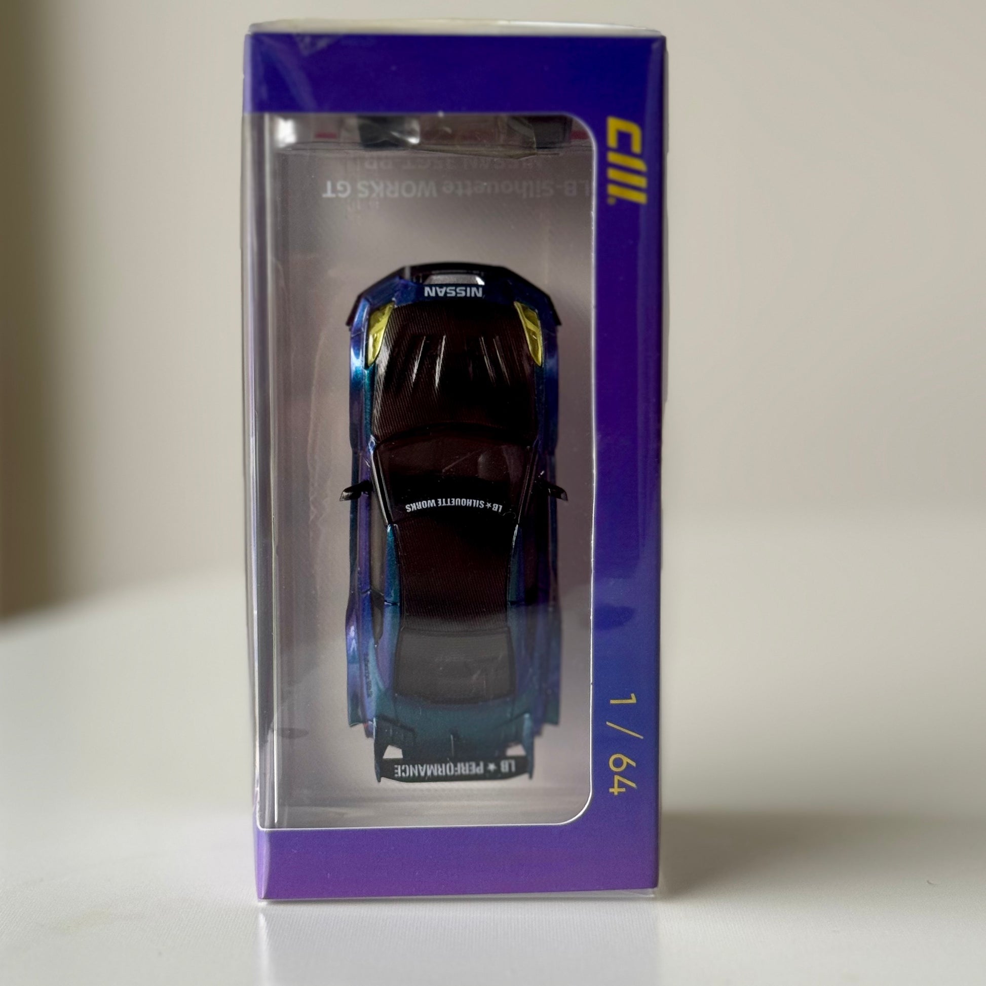 Top view of Nissan LBWK 35GT‑RR Chameleon with Carbon display base – CM Model
