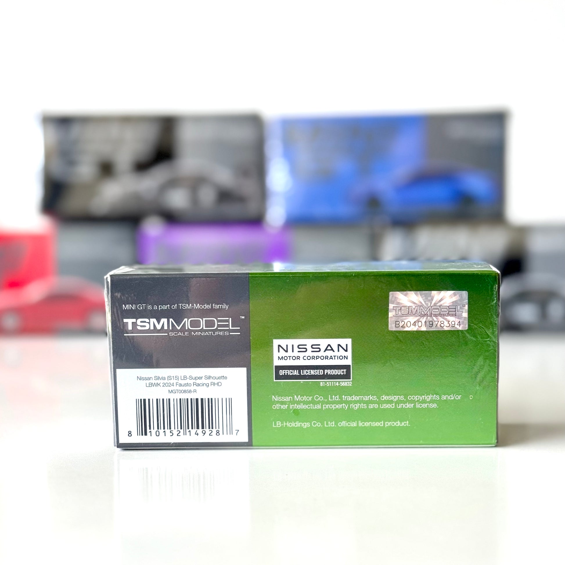 Rear of Mini GT box for LBWK Nissan Silvia S15 Fausto Racing diecast