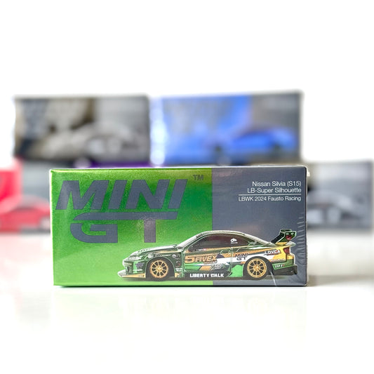 Front of boxed Nissan Silvia S15 LBWK Super Silhouette 2024 Fausto Racing model by Mini GT