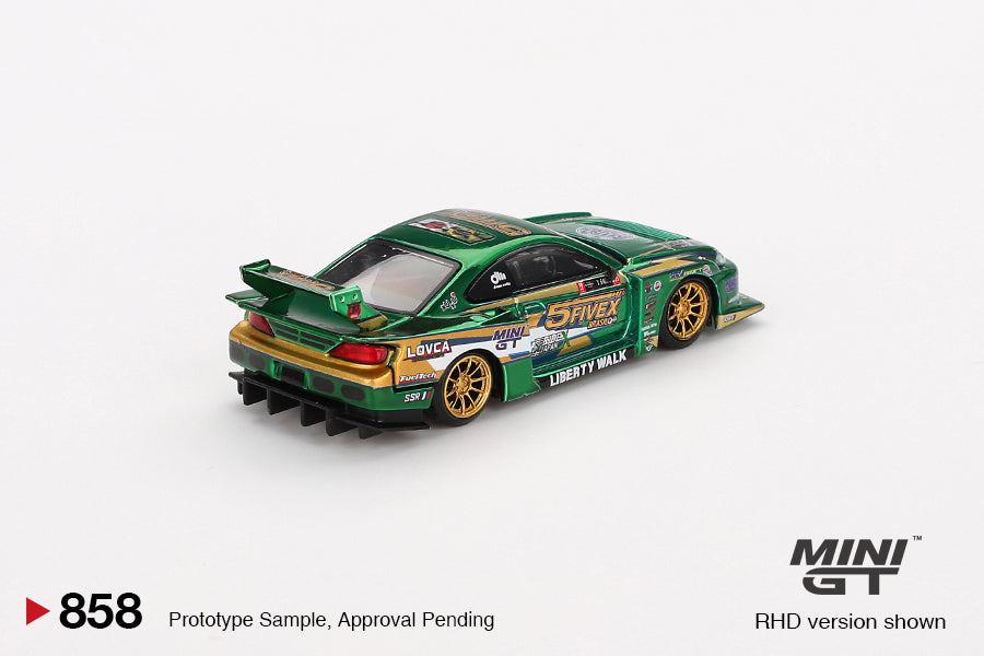 Rear view of Nissan S15 LB-Super Silhouette diecast model in Fausto Racing livery