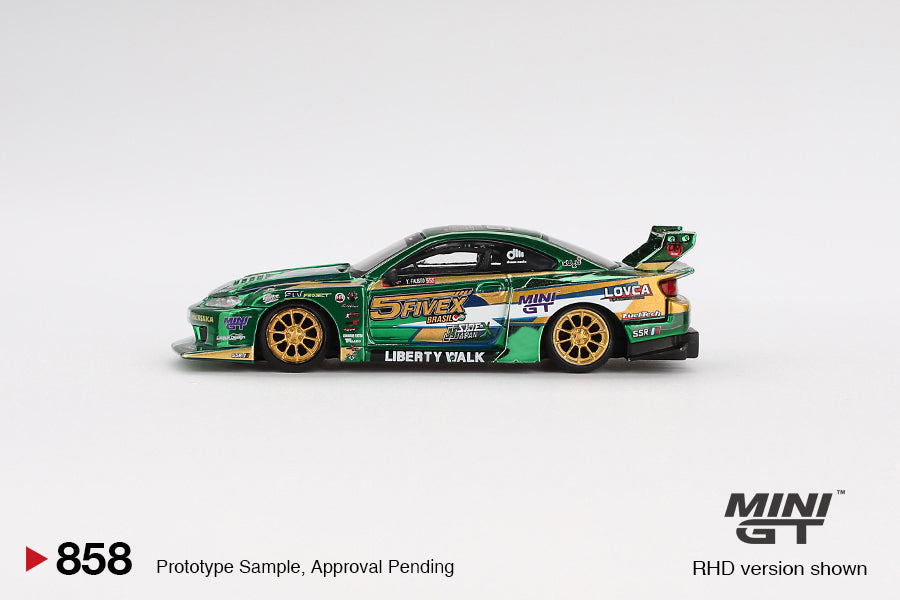 Side profile of 1:64 Mini GT Nissan Silvia S15 LBWK Fausto Racing Super Silhouette RHD