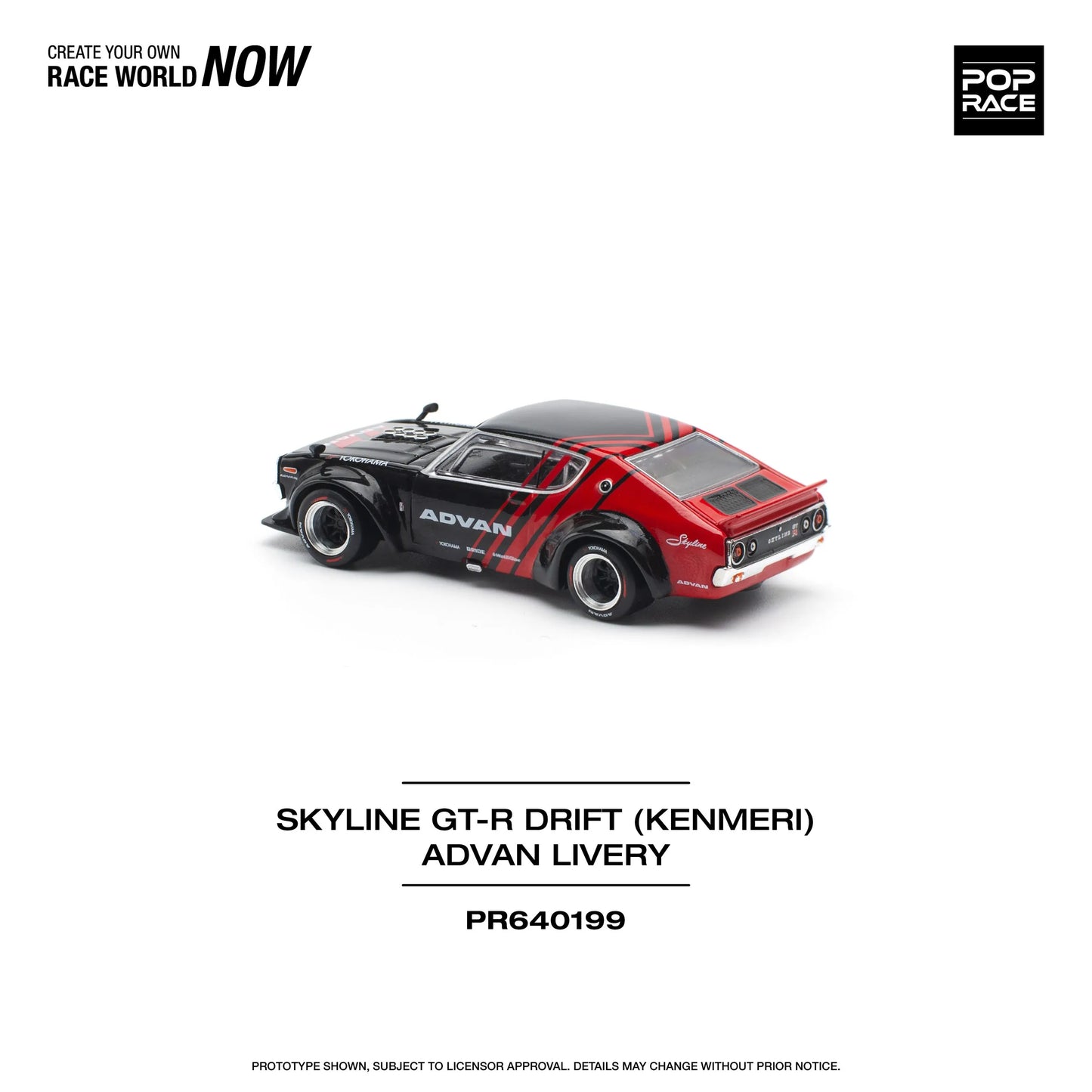 Rear angle view of Pop Race Nissan GT-R Kenmeri Advan 1:64 diecast