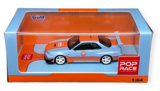 Boxed front view of Nissan Skyline GT-R R34 Gulf diecast by Pop Race