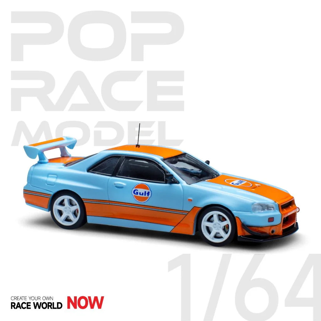 Front view of Gulf Oil Nissan GT-R R34 diecast out of box