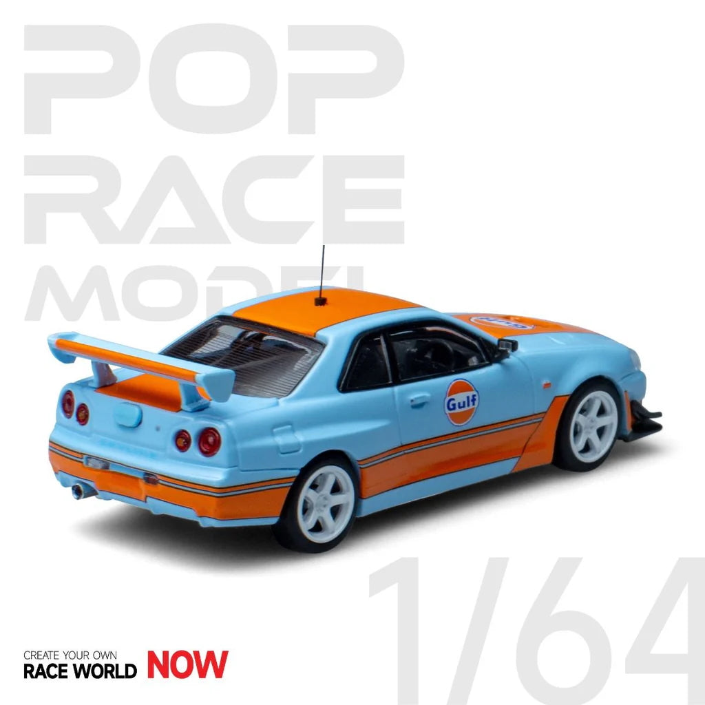 Rear angle of Nissan GT-R R34 Gulf livery diecast Pop Race model