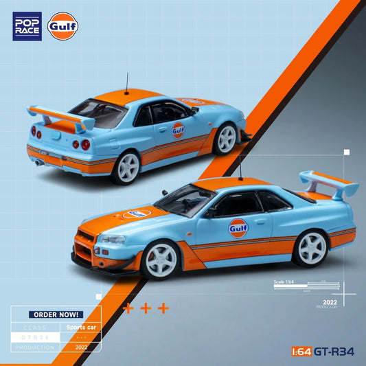Side profile of Nissan Skyline GT-R R34 diecast in Gulf livery