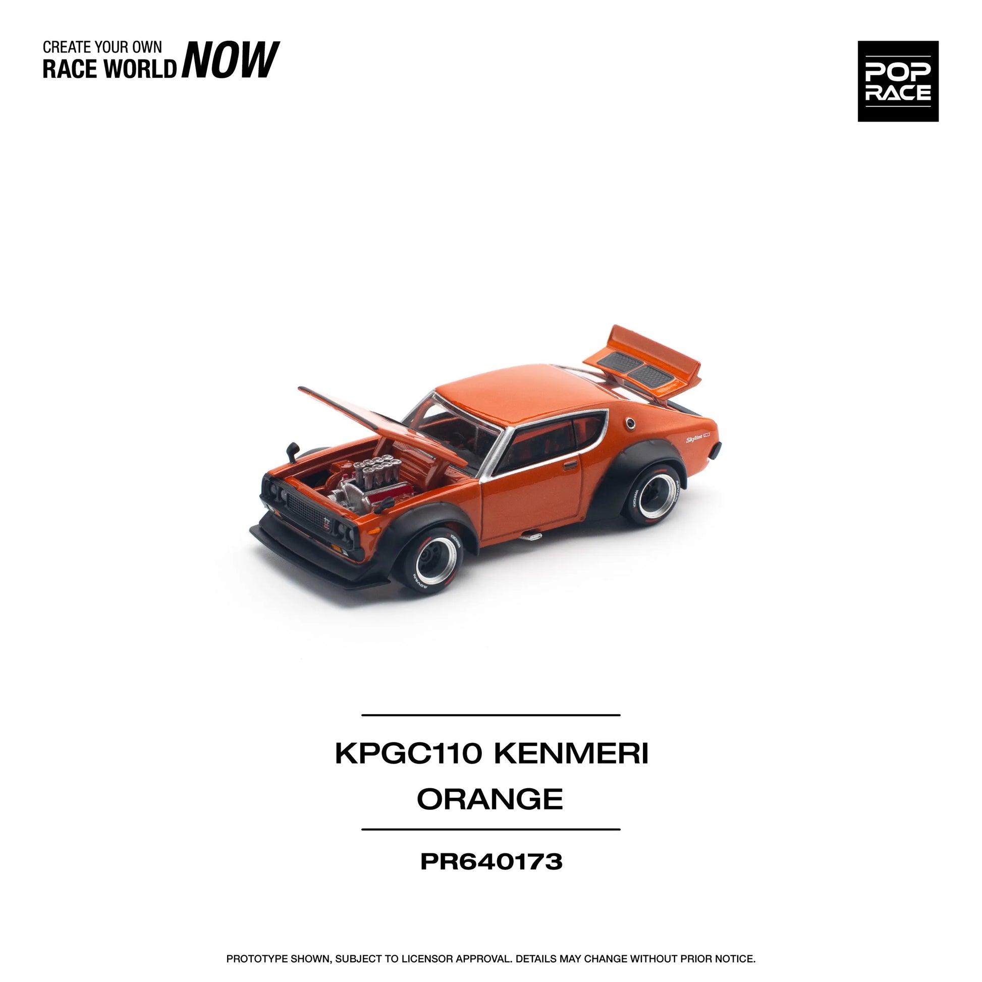 Pop Race Nissan GT-R Kenmeri V8 model displayed with open hood unboxed