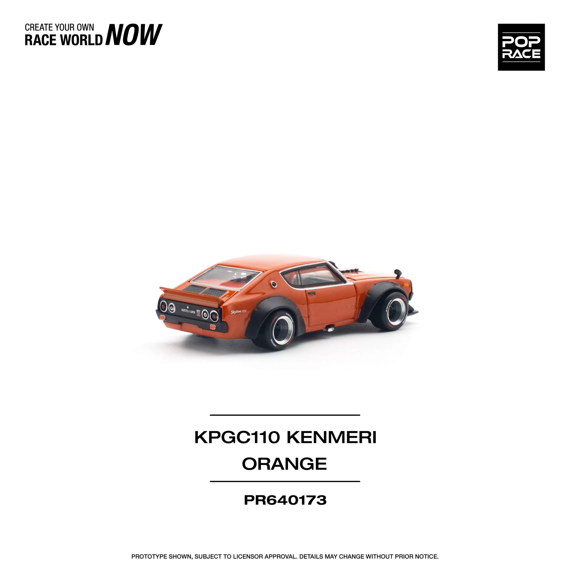 Rear angle side of Pop Race Nissan Skyline GT-R V8 Kenmeri Orange drift model unboxed