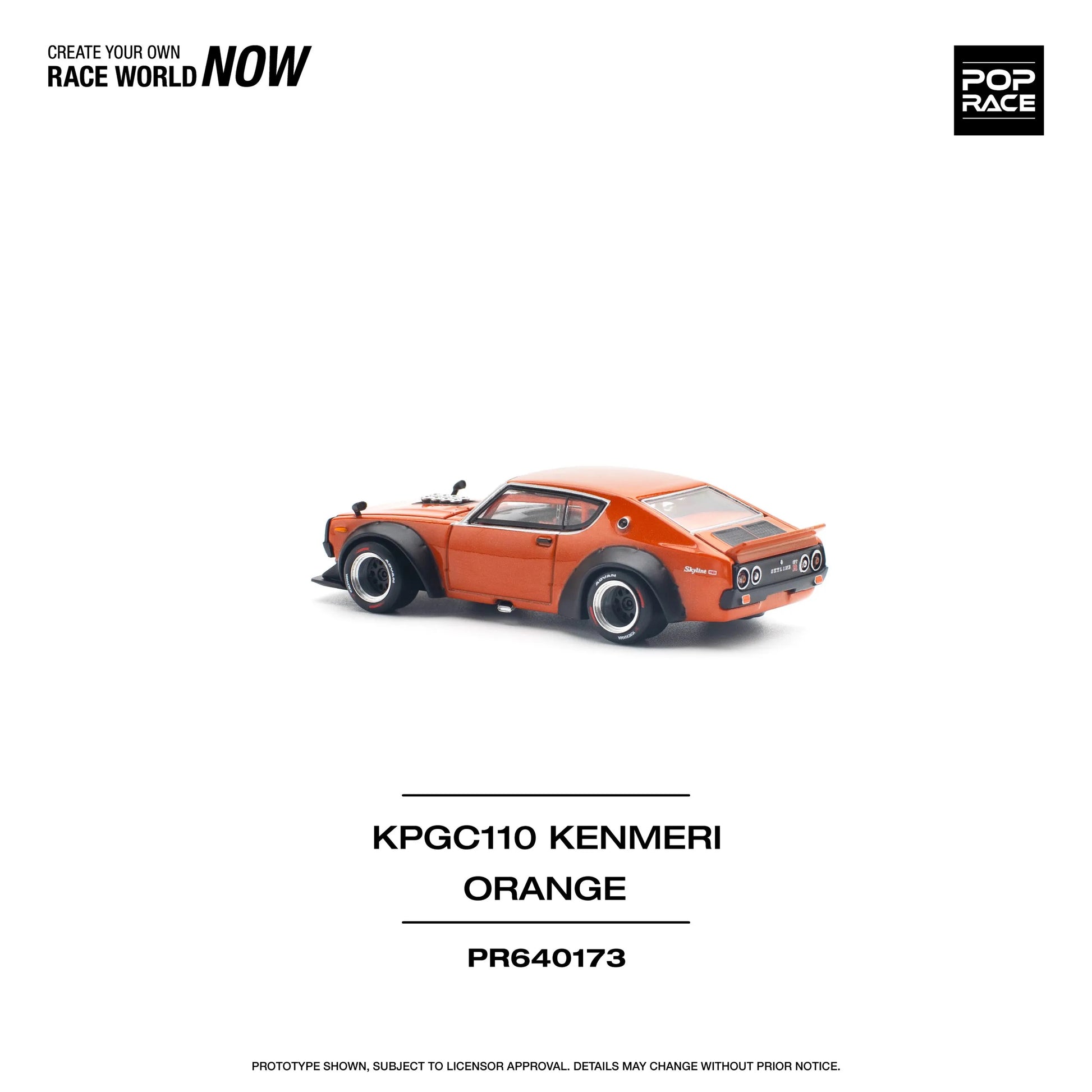 Rear angle of Pop Race Nissan Skyline GT-R V8 Kenmeri Orange drift model unboxed