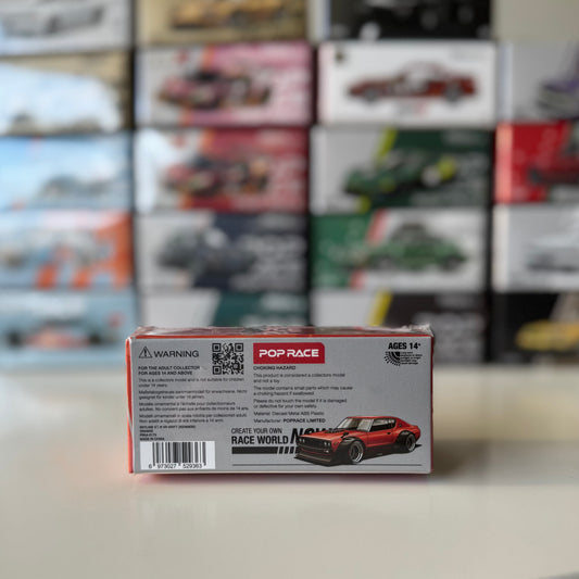 Rear angle of Pop Race Nissan Skyline GT-R V8 Kenmeri Orange drift model