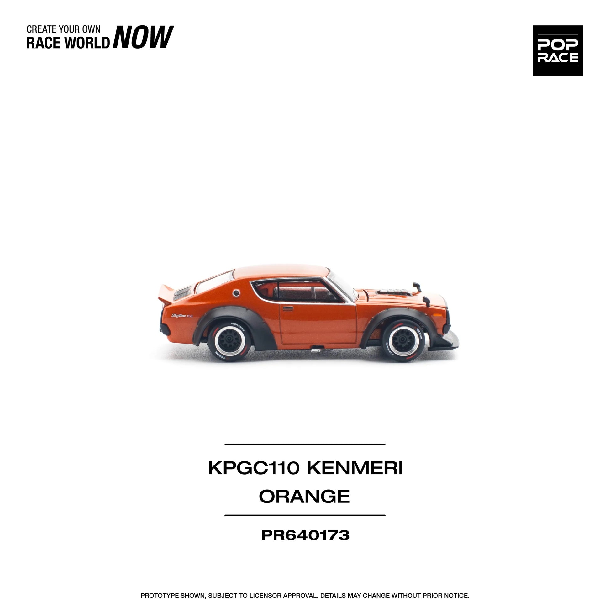 Right angle on the side profile of Nissan Skyline GT-R V8 Drift Kenmeri 1:64 diecast car