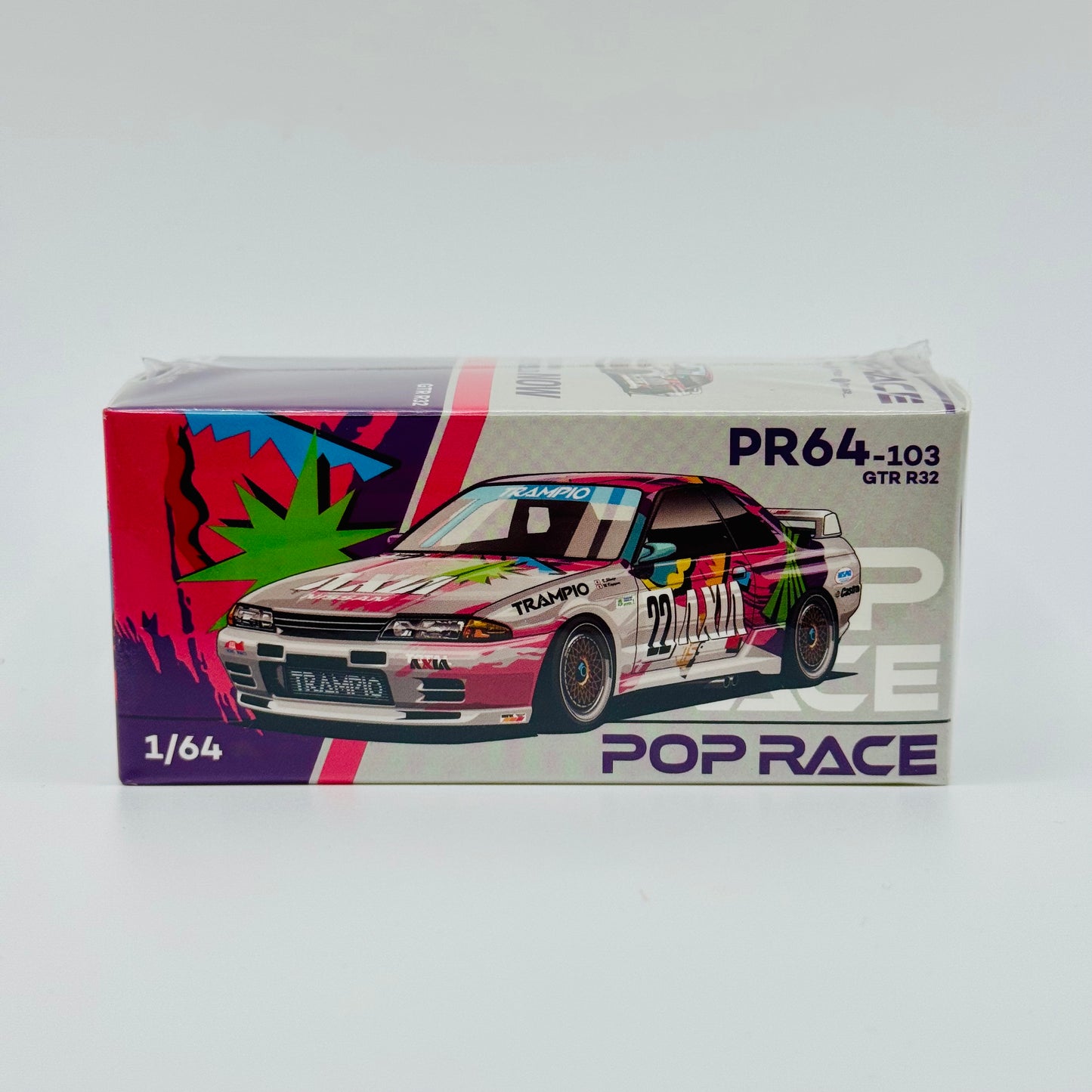 Front view of boxed Pop Race Nissan Skyline GT-R R32 AXIA Group A diecast model