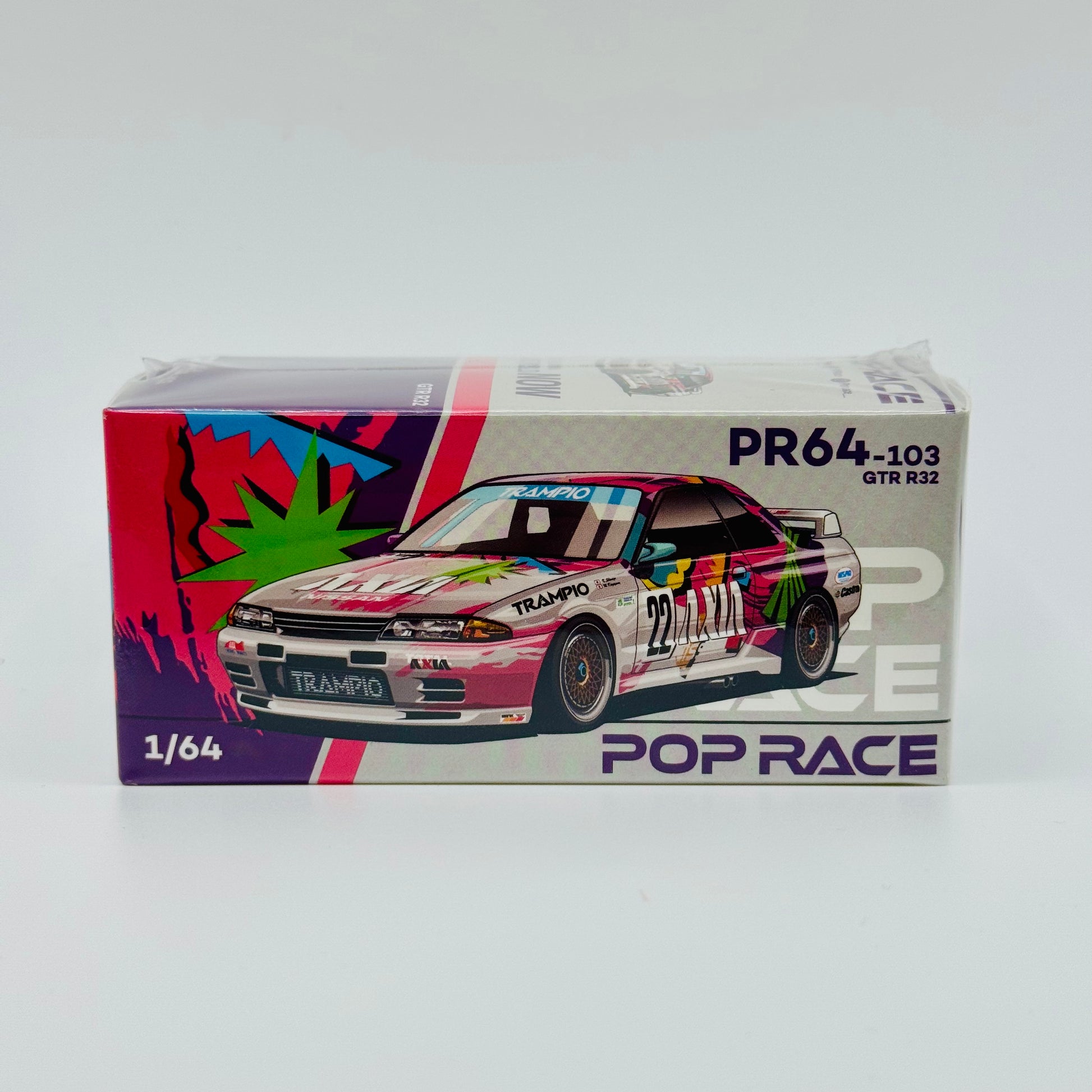 Front view of boxed Pop Race Nissan Skyline GT-R R32 AXIA Group A diecast model