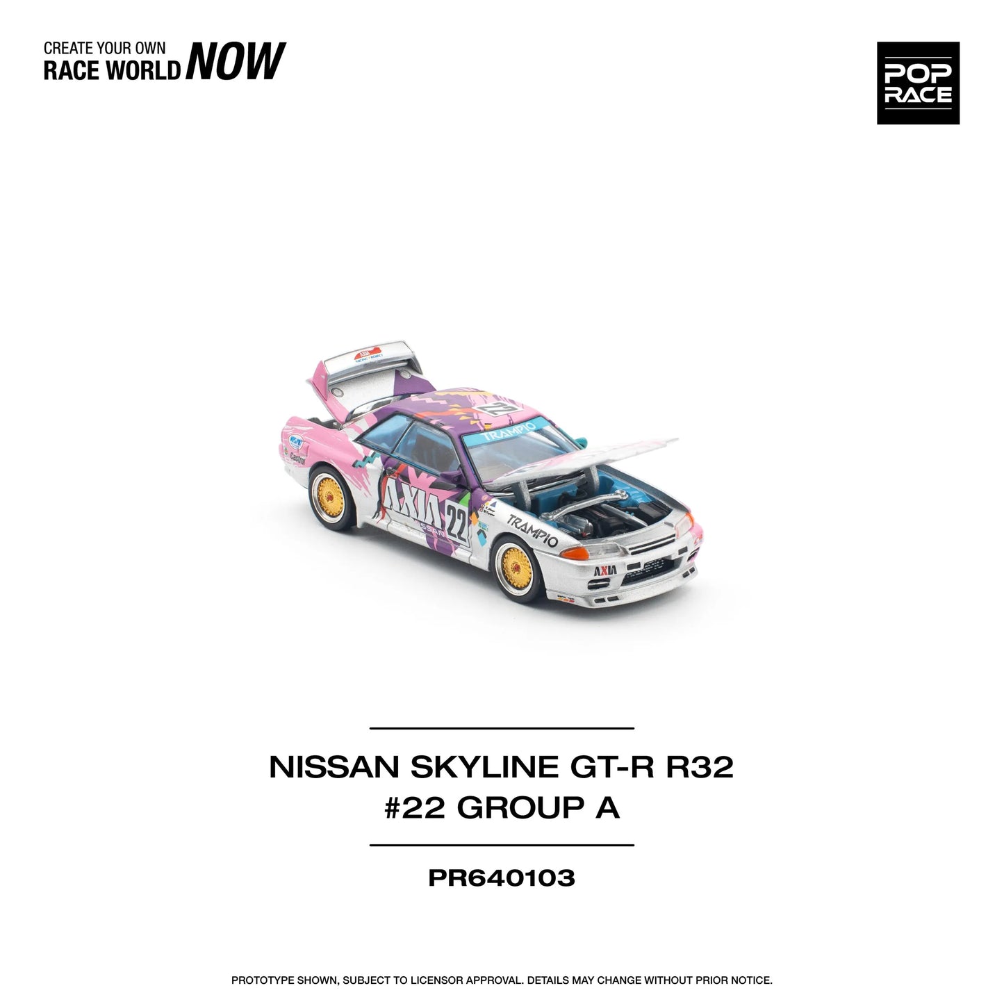 Front angled view of Nissan Skyline GT-R R32 #22 AXIA Group A Pop Race diecast model