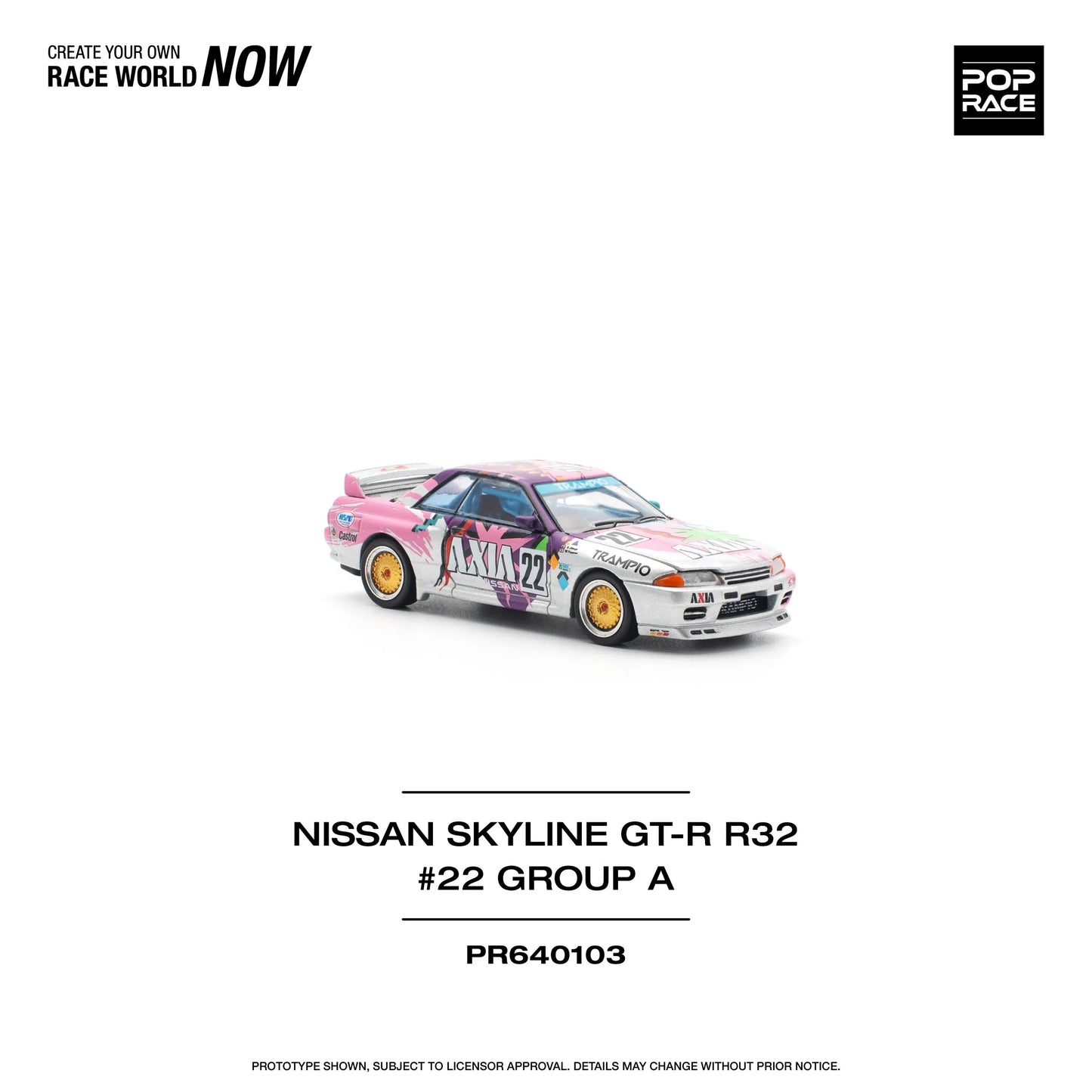 Front angled view of Nissan Skyline GT-R R32 #22 AXIA Group A Pop Race diecast model