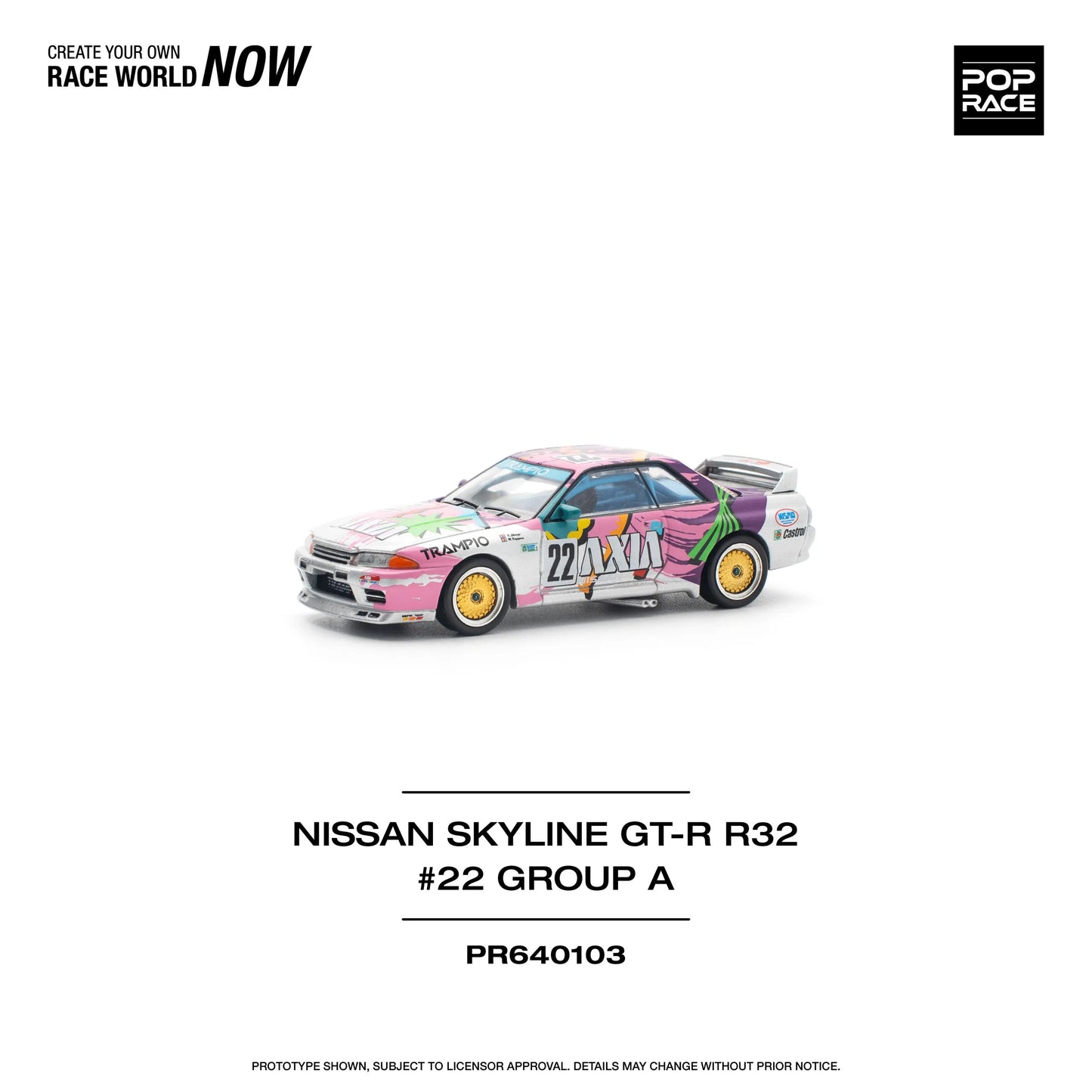 Side profile of Pop Race Nissan Skyline GT-R R32 AXIA Group A 1:64 diecast car